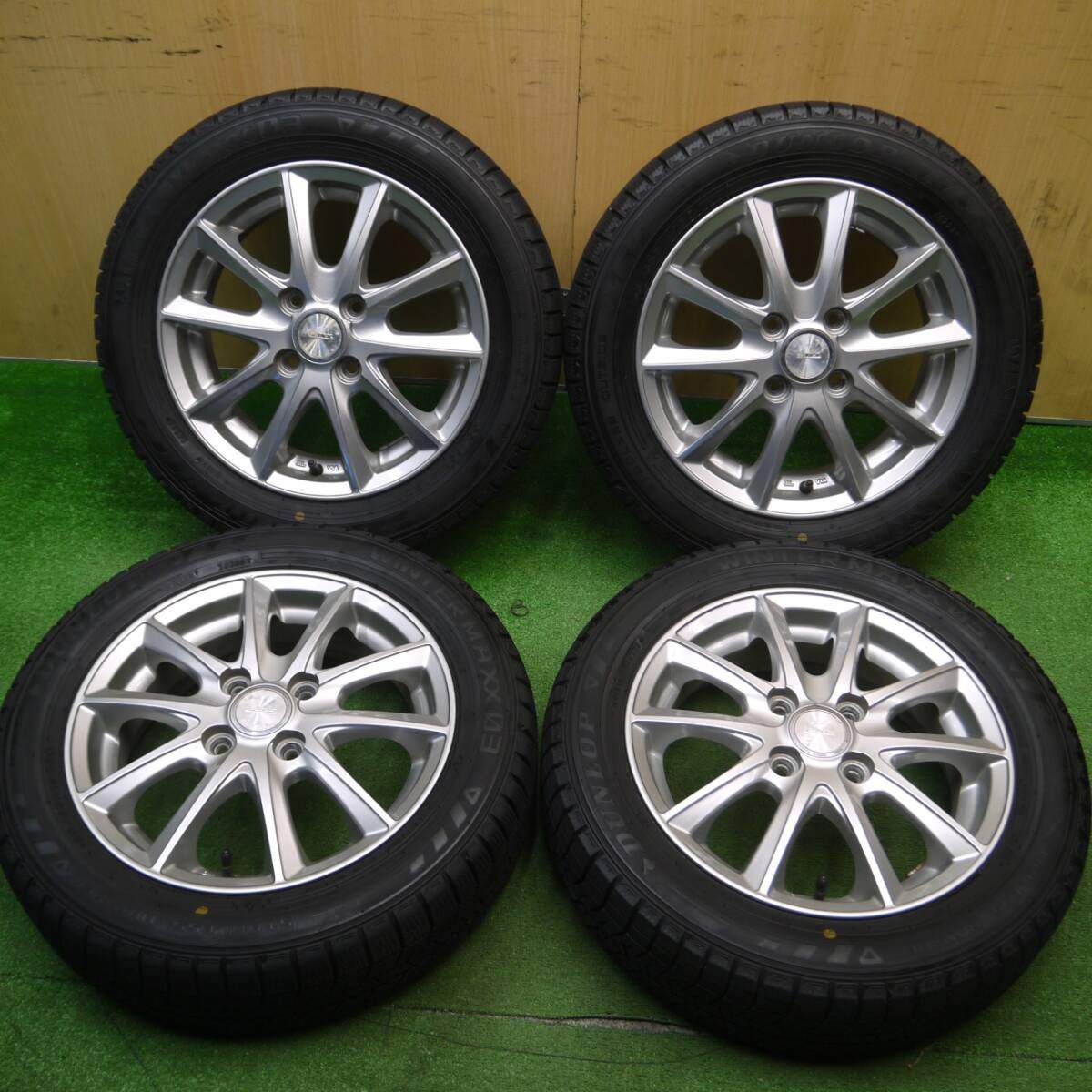 バリ溝!23年!キレイ!9.5分★スタッドレス 155/65R14 ダンロップ ウインターマックス03 Lanx 社外 アルミ 14インチ PCD100/4H★5010706Hス