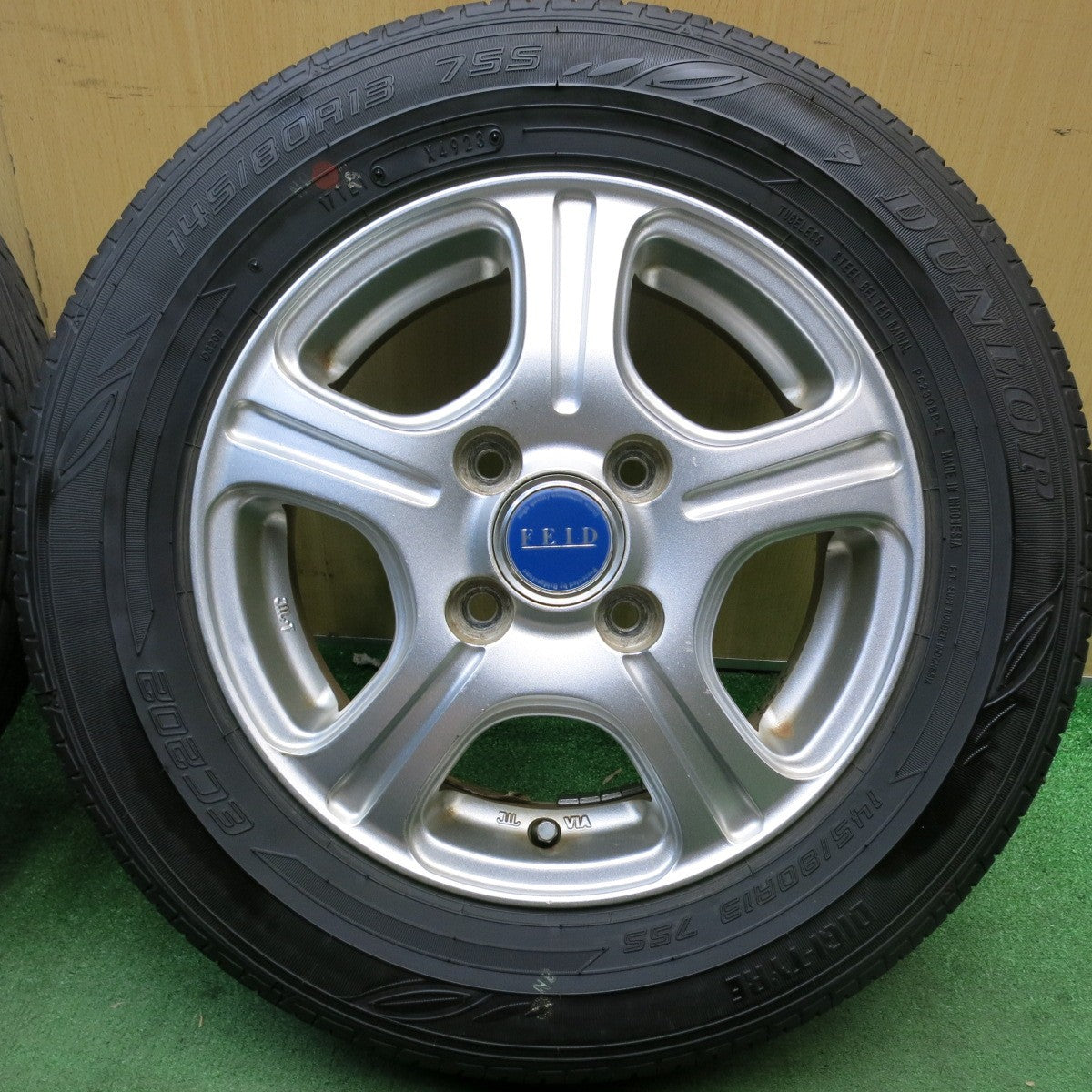 4本価格!23年★145/80R13 ダンロップ EC202 FEID 社外 アルミ 13インチ PCD100/4H★5092806HAノ