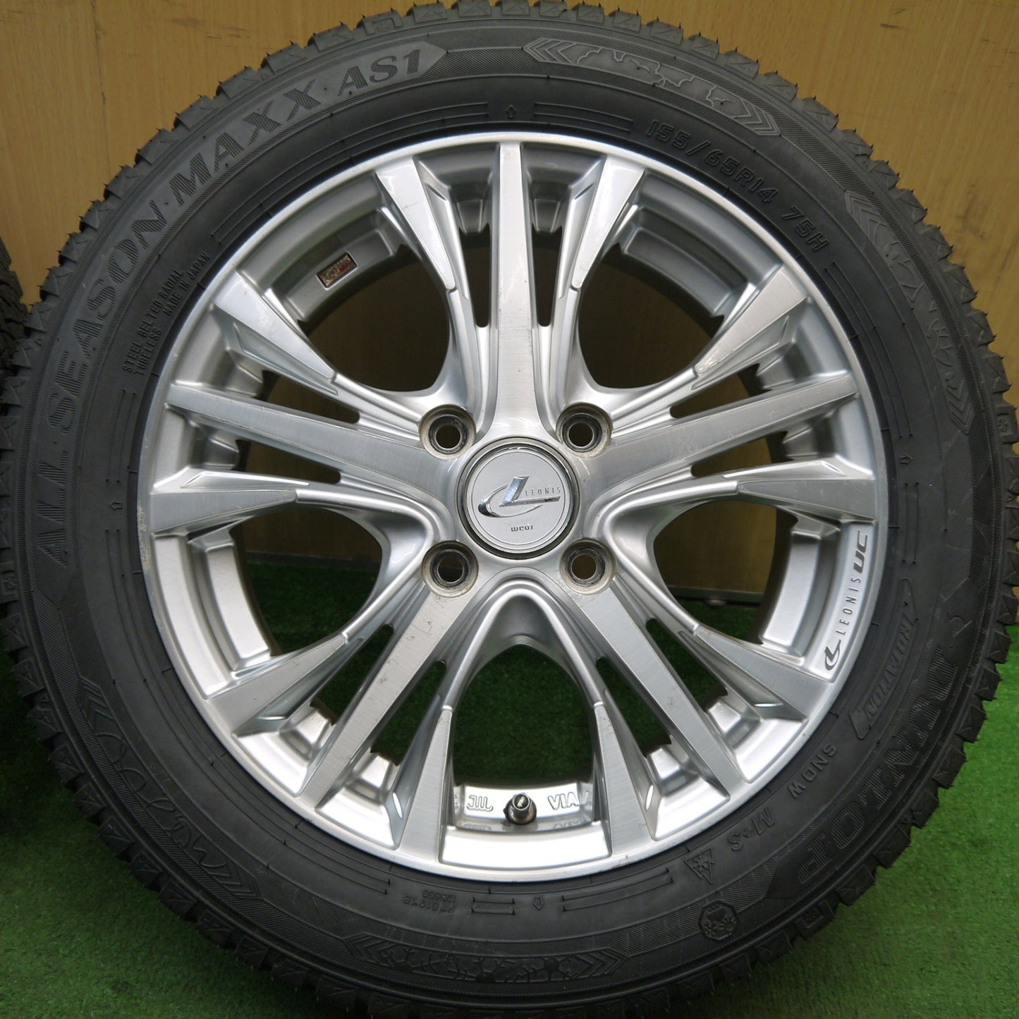 バリ溝!22年!ほぼ10分★LEONIS UC 155/65R14 ダンロップ オールシーズン MAXX AS1 レオニス 14インチ PCD100/4H★5053003Hノ