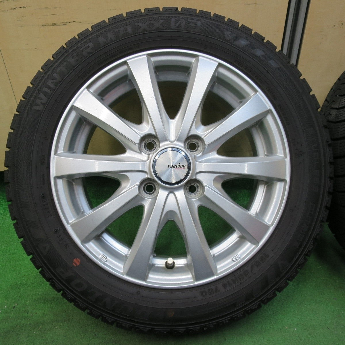バリ溝!9分★スタッドレス 155/65R14 ダンロップ ウインターマックス 03 ravrion RS01 ラブリオン 14インチ PCD100/4H★5010801イス