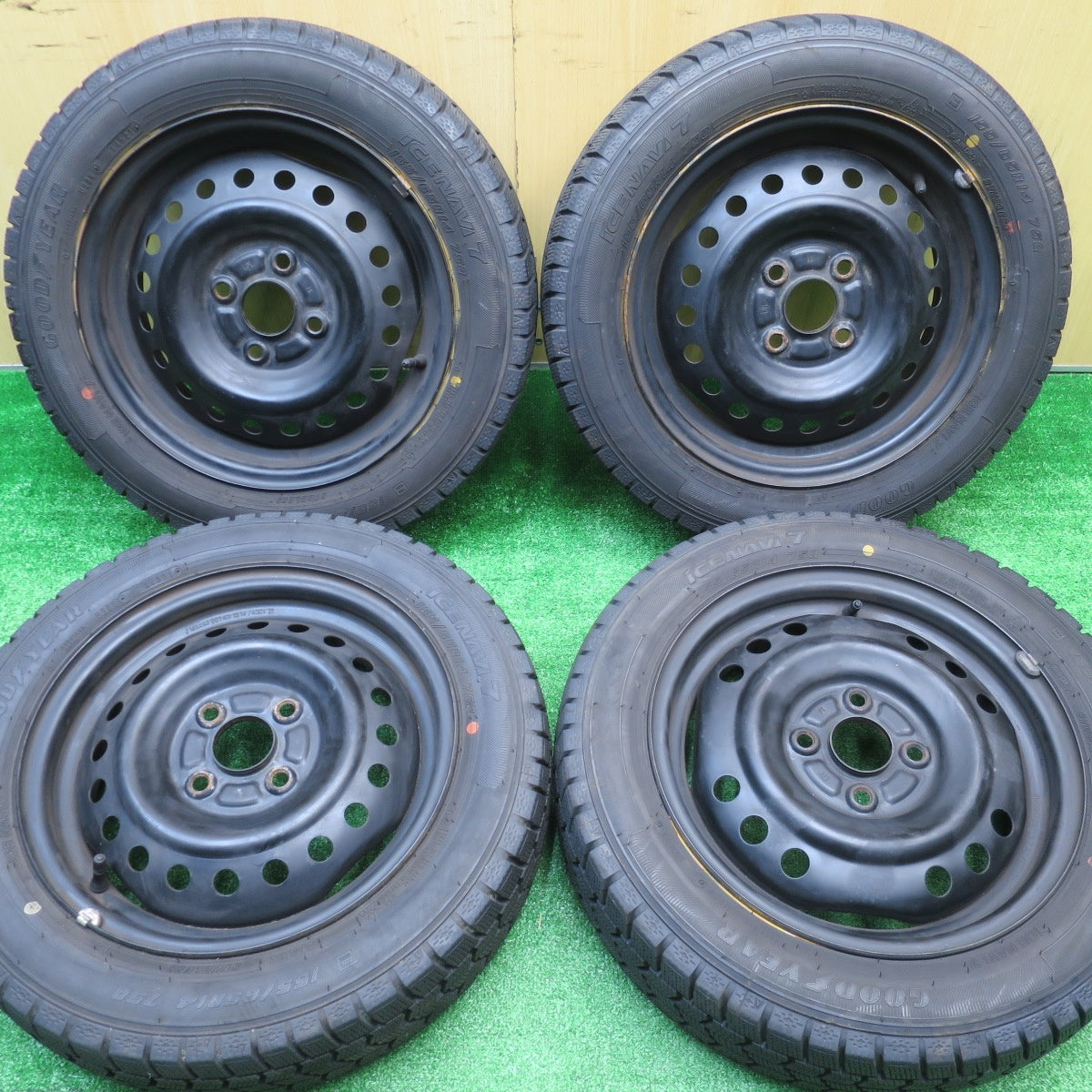 バリ溝!21年!9分★スタッドレス 155/65R14 グッドイヤー アイスナビ7 スチール ホイール 14インチ PCD100/4H★5101606NJス
