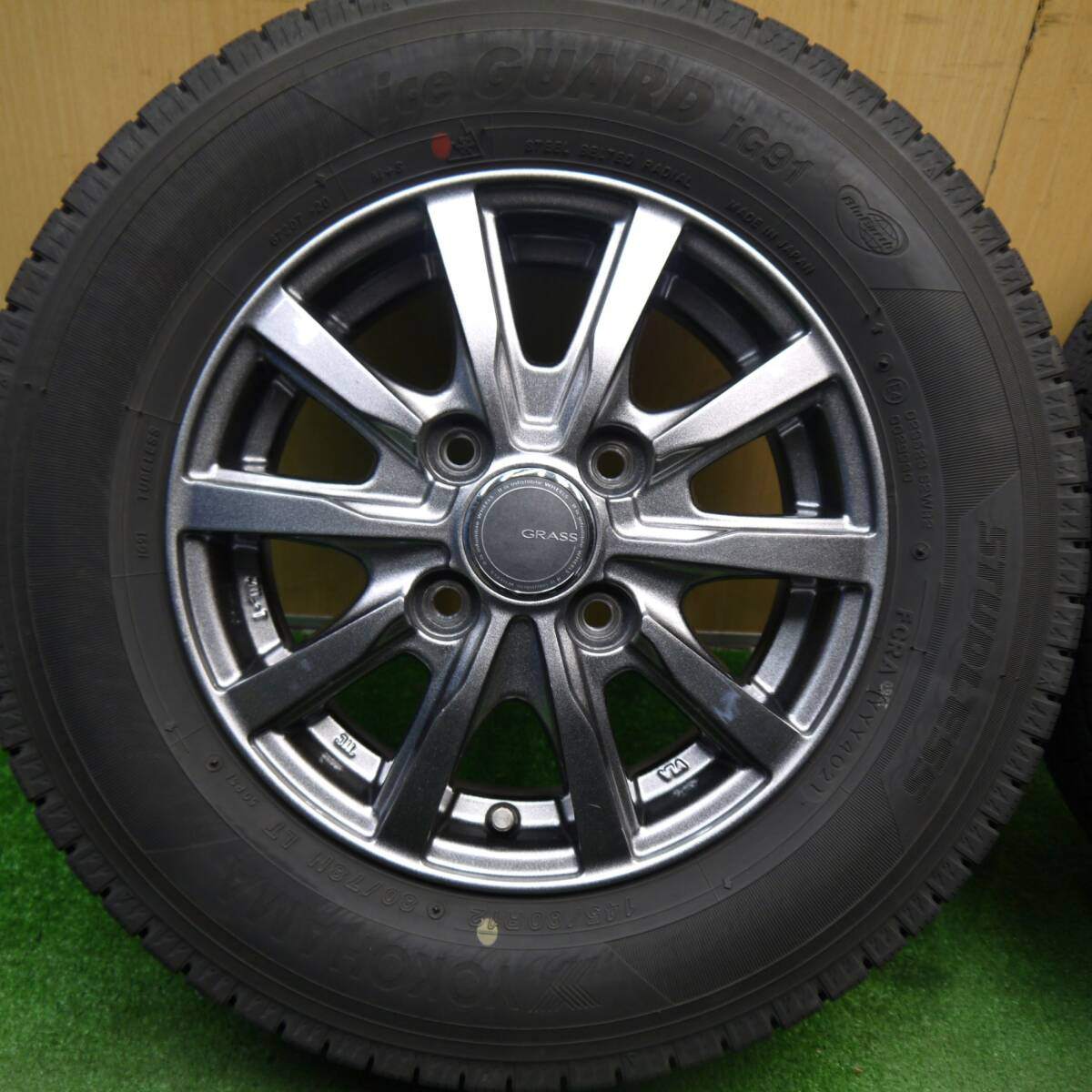 バリ溝!21年!キレイ!9.5分★スタッドレス 145/80R12 80/78N ヨコハマ アイスガード iG91 GRASS グラス 12インチ PCD100/4H★5040803Hス