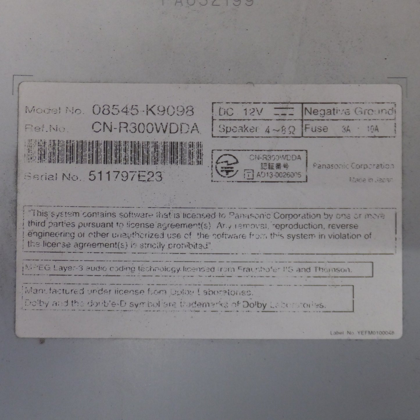 [送料無料] ★パナソニック製 ダイハツ 純正 ワイド スタンダードメモリーナビNSZN-W65D 08545-K9098[31]★