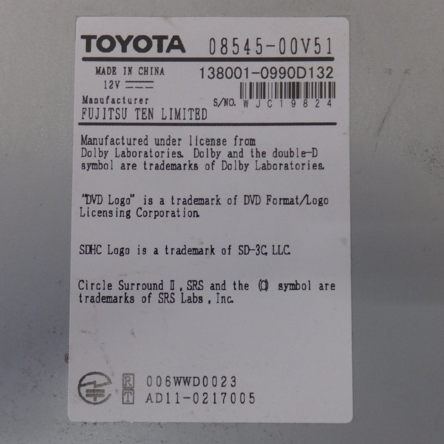 [送料無料] 現状品★富士通テン製 トヨタ 純正 SDナビゲーション 08545-00V51 NSZT-W62G　セキュリティロック[57]★