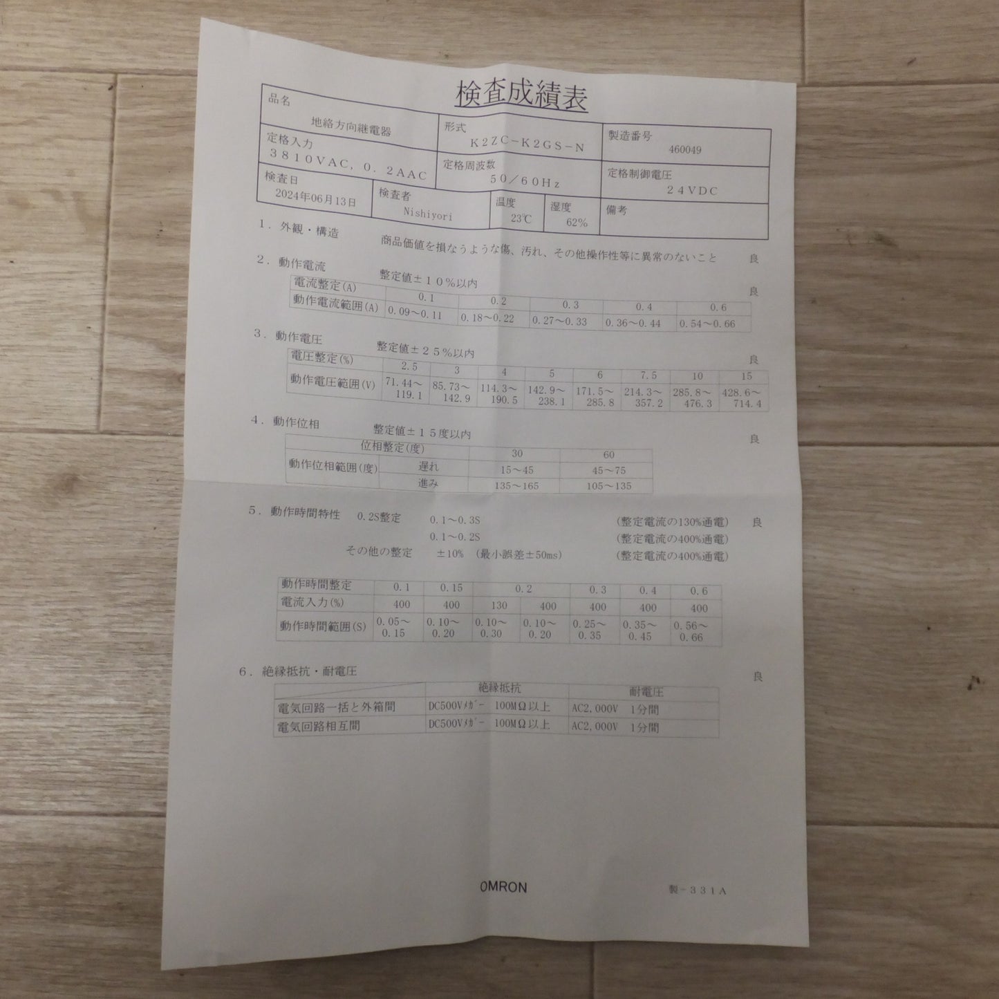 [送料無料] 未使用★オムロン OMRON 地絡方向継電器 K2ZC-K2GS-N　制御電源 24VDC 定格 3810V 50/60Hz★