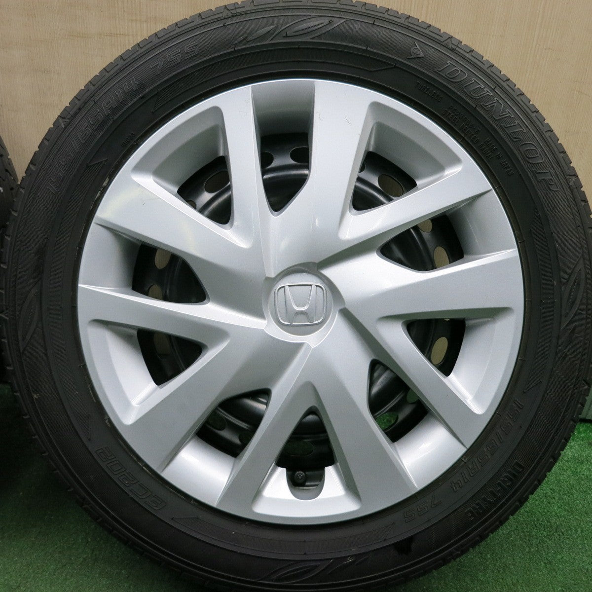 *送料無料* バリ溝！ほぼ10分★ホンダ N-BOX 純正 スチール 155/65R14 ダンロップ EC202 ヨコハマ ブルーアース A34 PCD100/4H★4042905HAノ