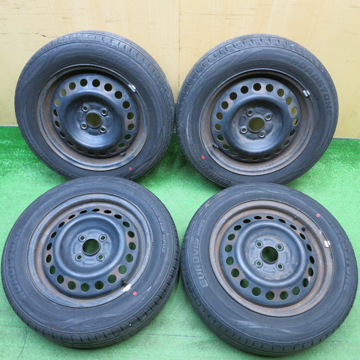 バリ溝！24年！9.5分★185/60R15 ロードストーン EUROVIS HP02 SH01 スチール ホイール 15インチ PCD100/4H★6022621HAノ