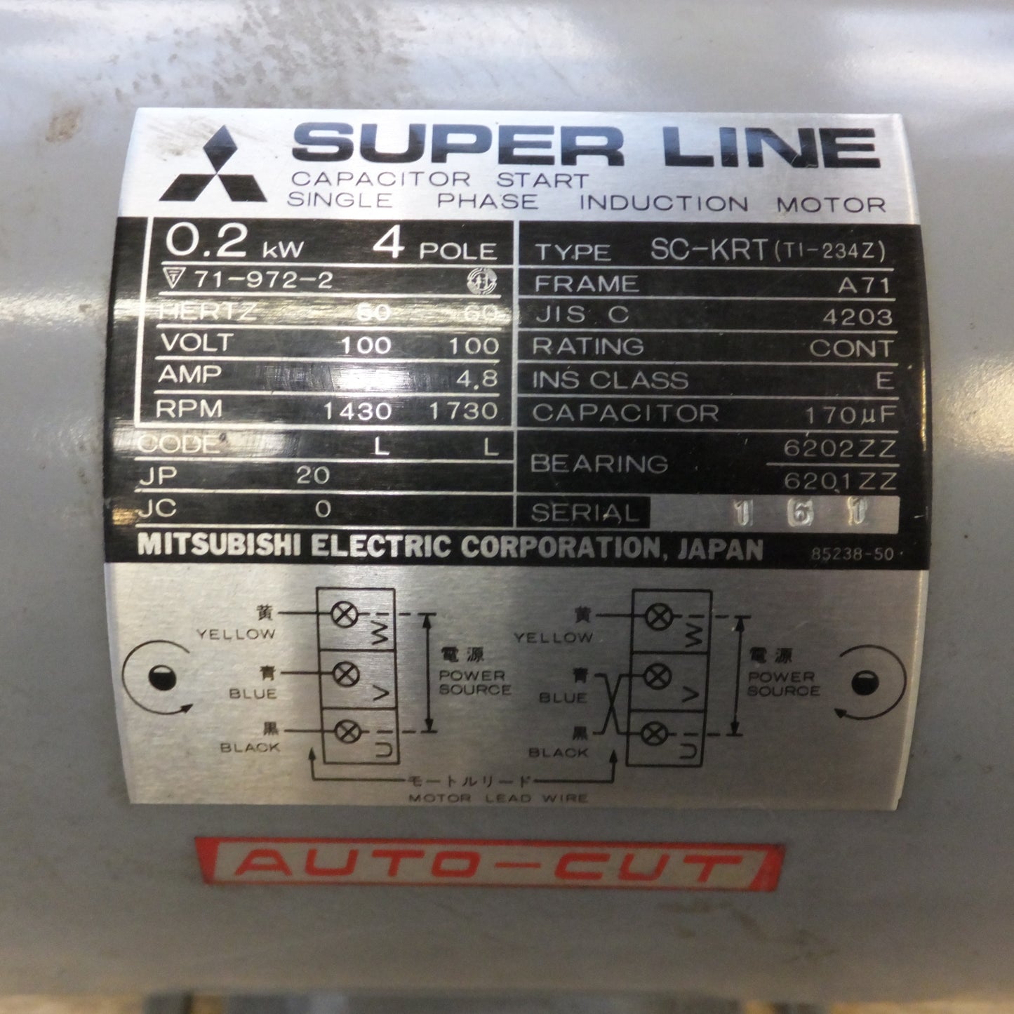 [送料無料] 現状品★三菱 MITSUBISHI 単相モーター SUPER LINE SC-KRT　0.2kW 4POLE 100V 50/60Hz　AUTO-CUT★