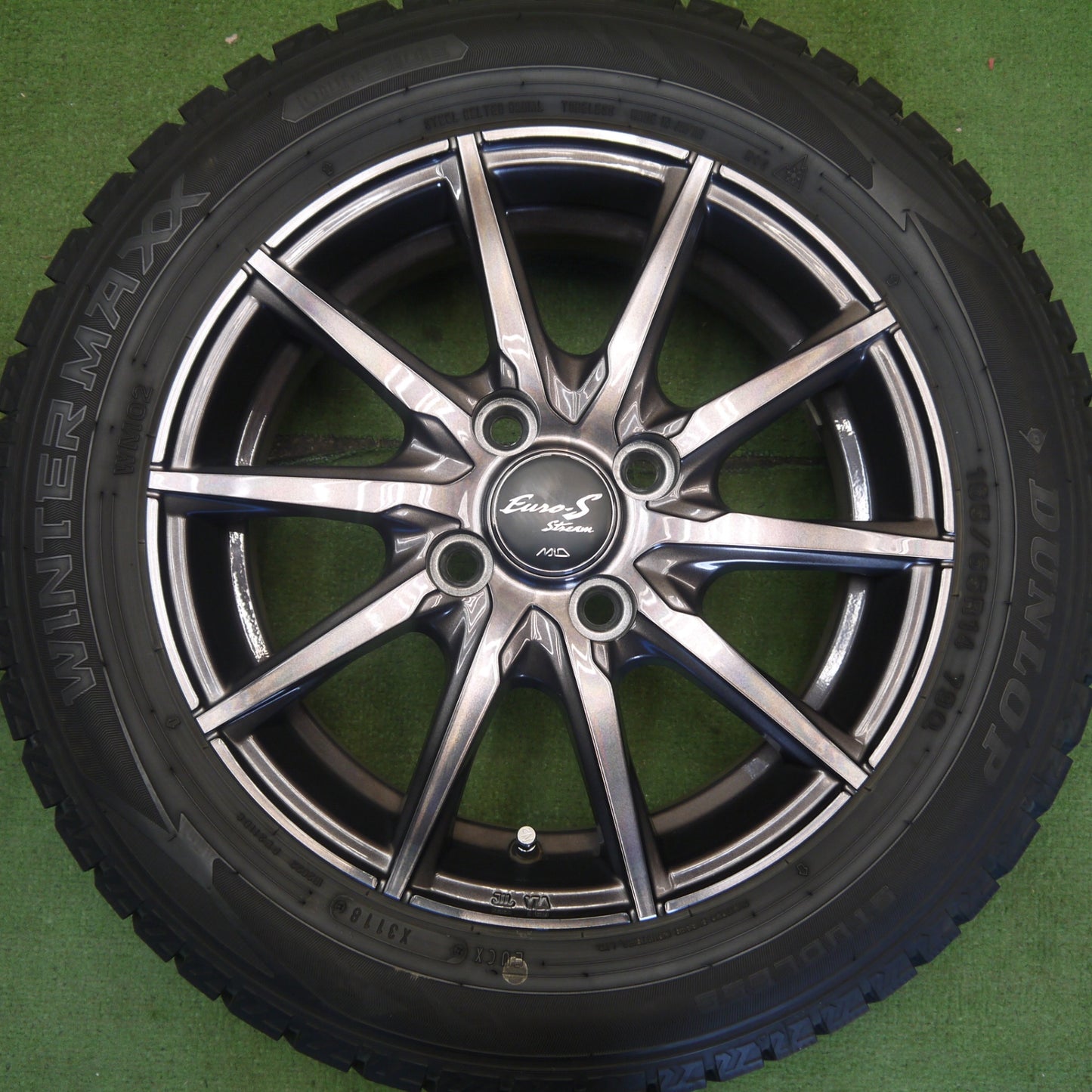 バリ溝！キレイ！9.5分◎スタッドレス 165/65R14 ダンロップ ウインターマックス WM02 Euro-S Stream MiD 14インチ ハスラー ルーミー タンク 等 PCD100/4H◎6071403Hス