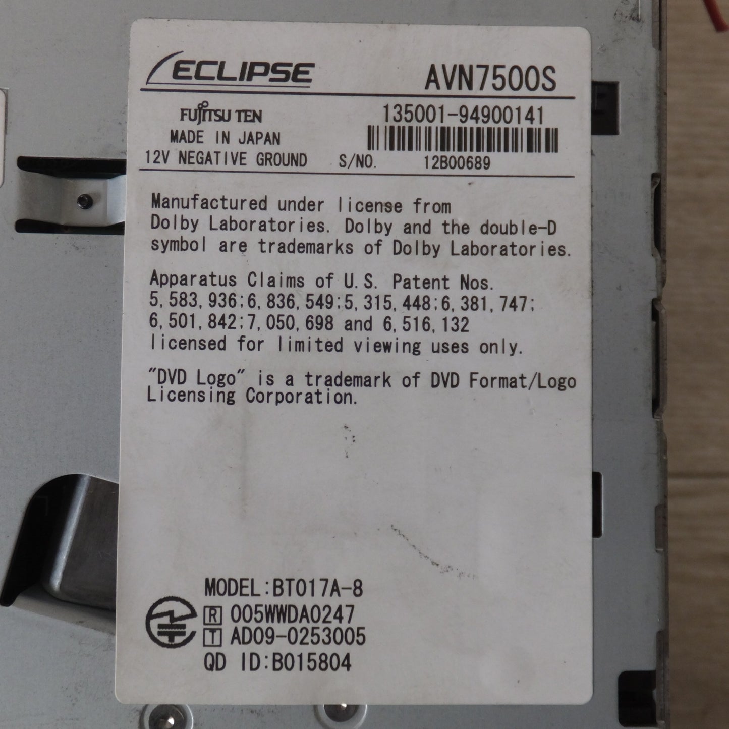 [送料無料] 現状品★富士通テン イクリプス ECLIPSE メモリーナビゲーション AVN7500S　地図SDカード 欠品[37]★