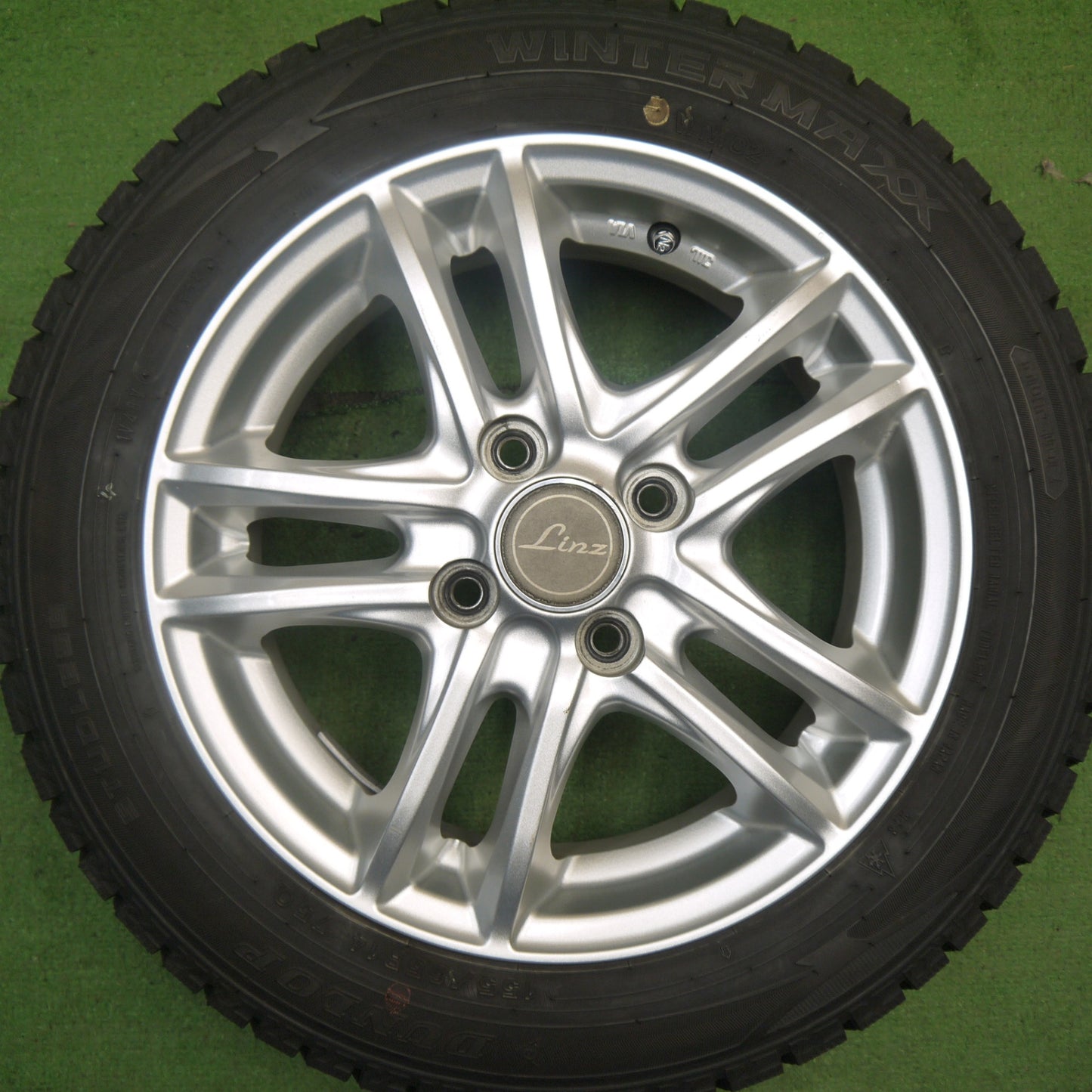 バリ溝！25年！9.5分★スタッドレス 155/65R14 ダンロップ ウインターマックス WM02 Linz 社外 アルミ 14インチ PCD100/4H★6041003Hス