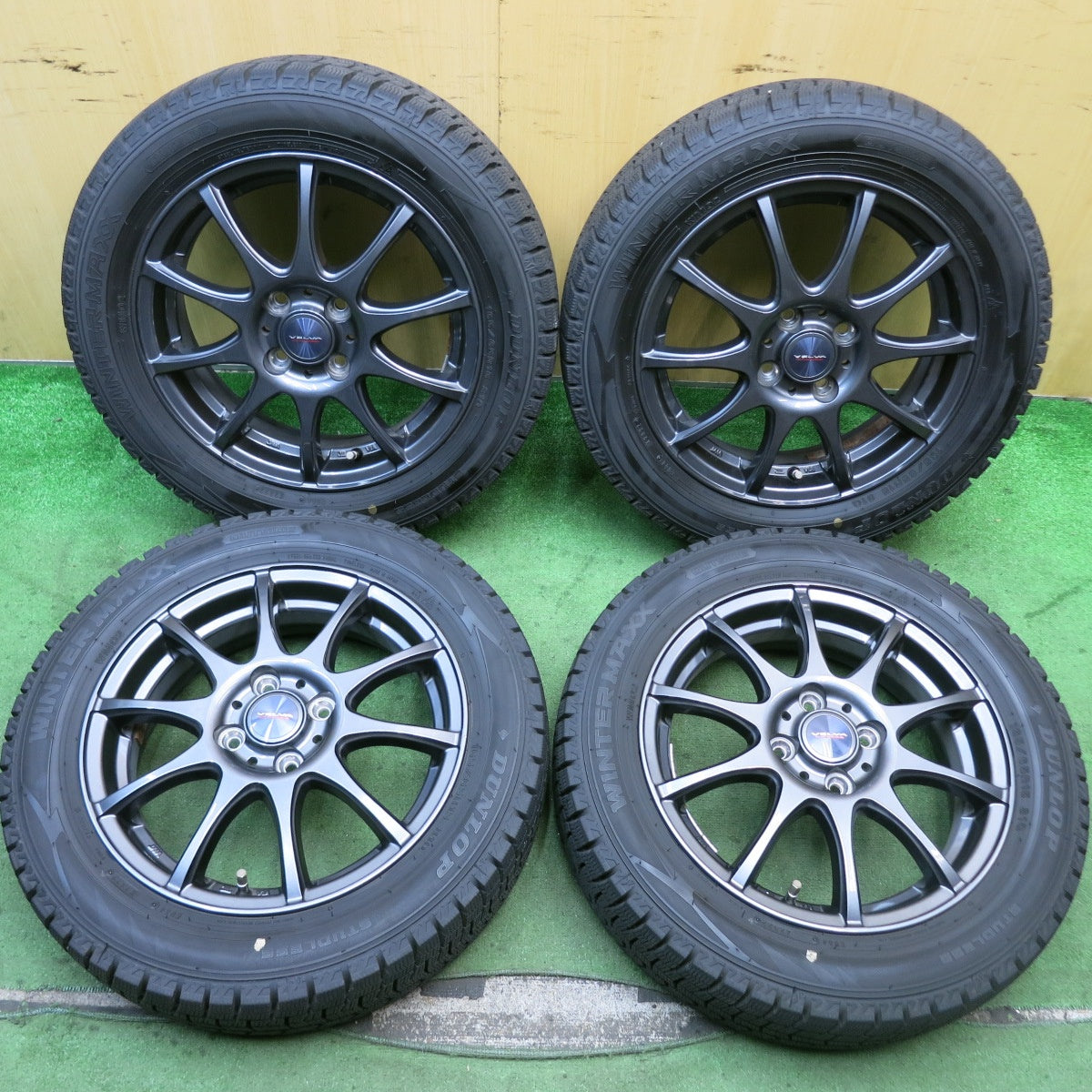 バリ溝！22年！キレイ！9.5分★スタッドレス 165/65R15 ダンロップ ウインターマックス WM02 VELVA CHARGE ヴェルヴァ 15インチ 軽サイズ タフト 等 PCD100/4H★5081002HAス