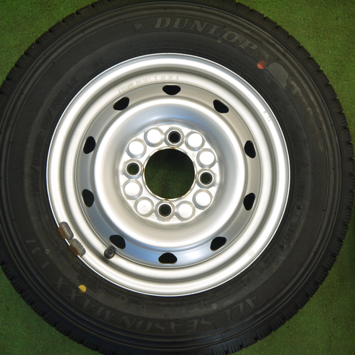 バリ溝！25年！キレイ！9.5分★145/80R12 80/78N ダンロップ ALL SEASON MAXX VA1 オールシーズン TOPY スチール ホイール 12インチ PCD100/4H★6041306Hス