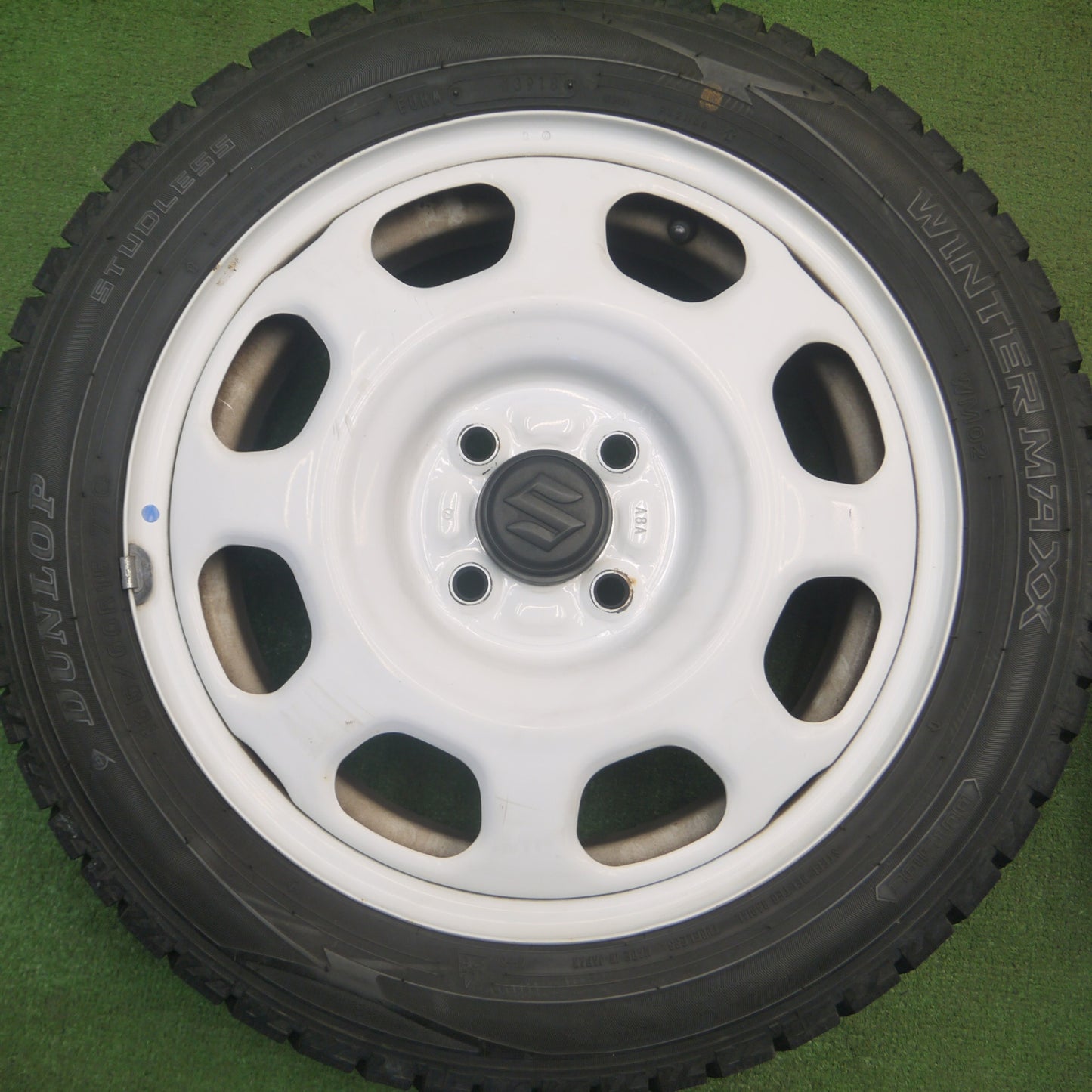 [送料無料] バリ溝！9.5分★スズキ ハスラー 純正 スチール 165/60R15 スタッドレス ダンロップ ウインターマックス WM02 15インチ PCD100/4H★5022503Hス