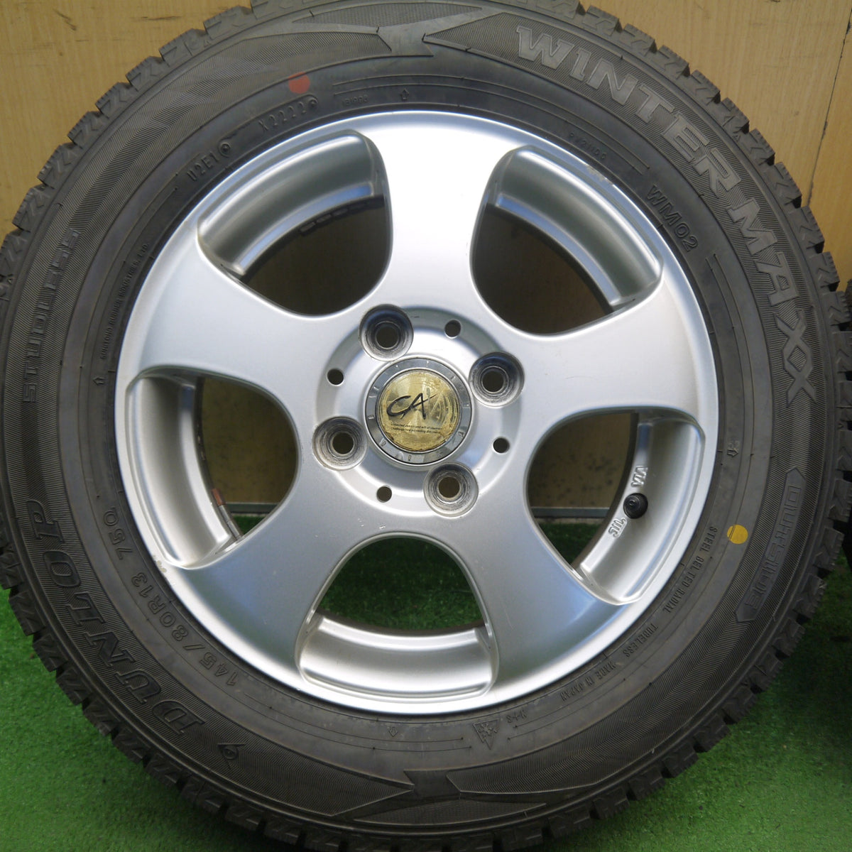 バリ溝！22年！9.5分◎スタッドレス 145/80R13 ダンロップ ウインターマックス WM02 CAV 社外 アルミ 13インチ PCD100/4H◎6091504Hス