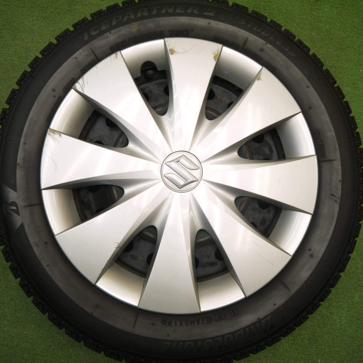 バリ溝！8.5分★スズキ スペーシア 純正 スチール 155/65R14 スタッドレス ブリヂストン アイスパートナー2 14インチ PCD100/4H★5031201Hス