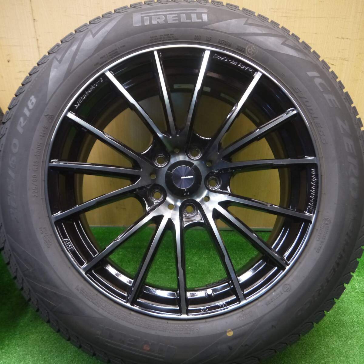 バリ溝！22年！キレイ！9.5分以上★WedsSport SA-35R AMF 225/60R18 スタッドレス ピレリ アイスゼロ アシンメトリコ ウェッズスポーツ PCD114.3/5H★4101105Hス