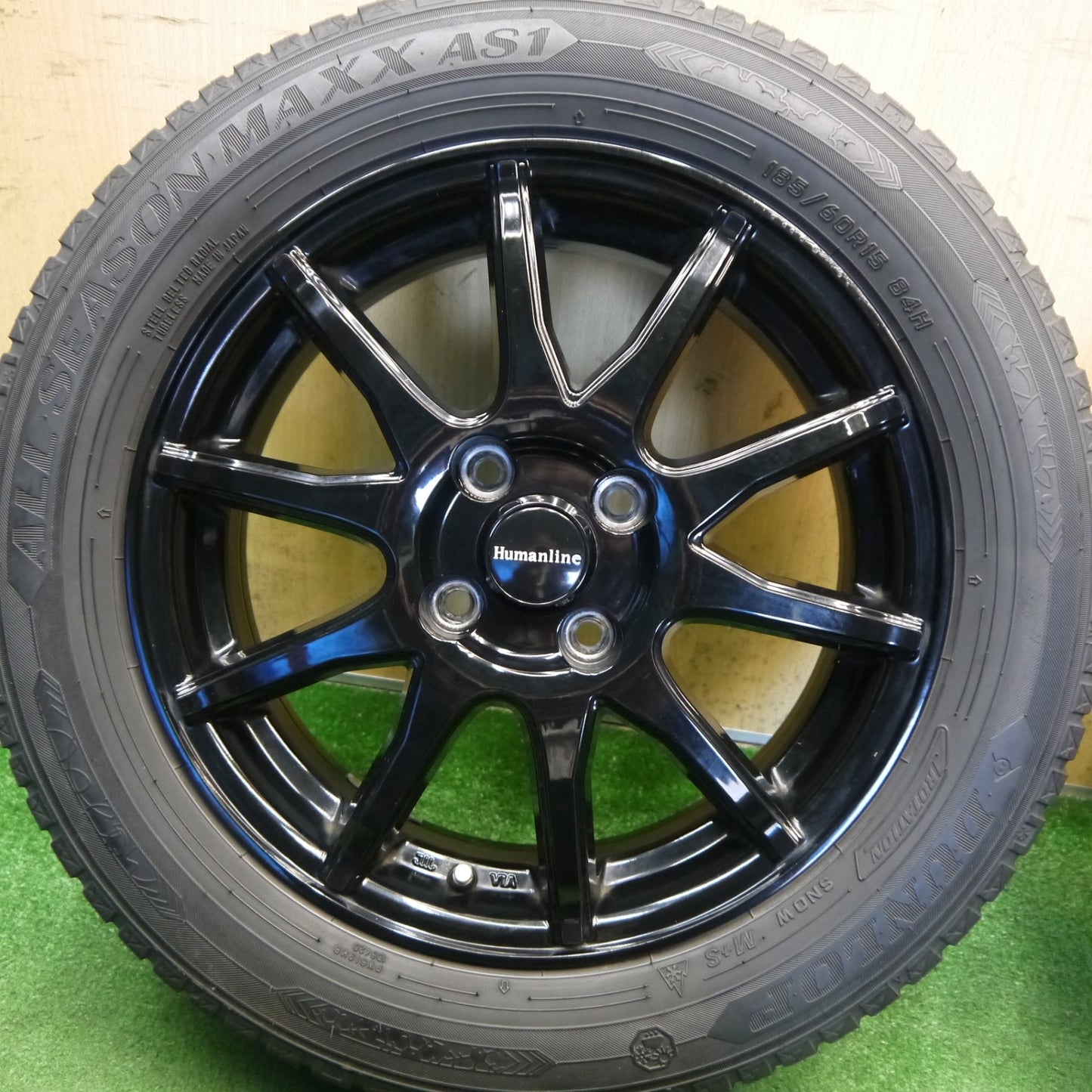 バリ溝！23年！キレイ！8.5分◎185/60R15 ダンロップ ALL SEASON MAXX AS1 オールシーズン Humanline S-15 ヒューマンライン 15インチ PCD100/4H◎6072403Hス