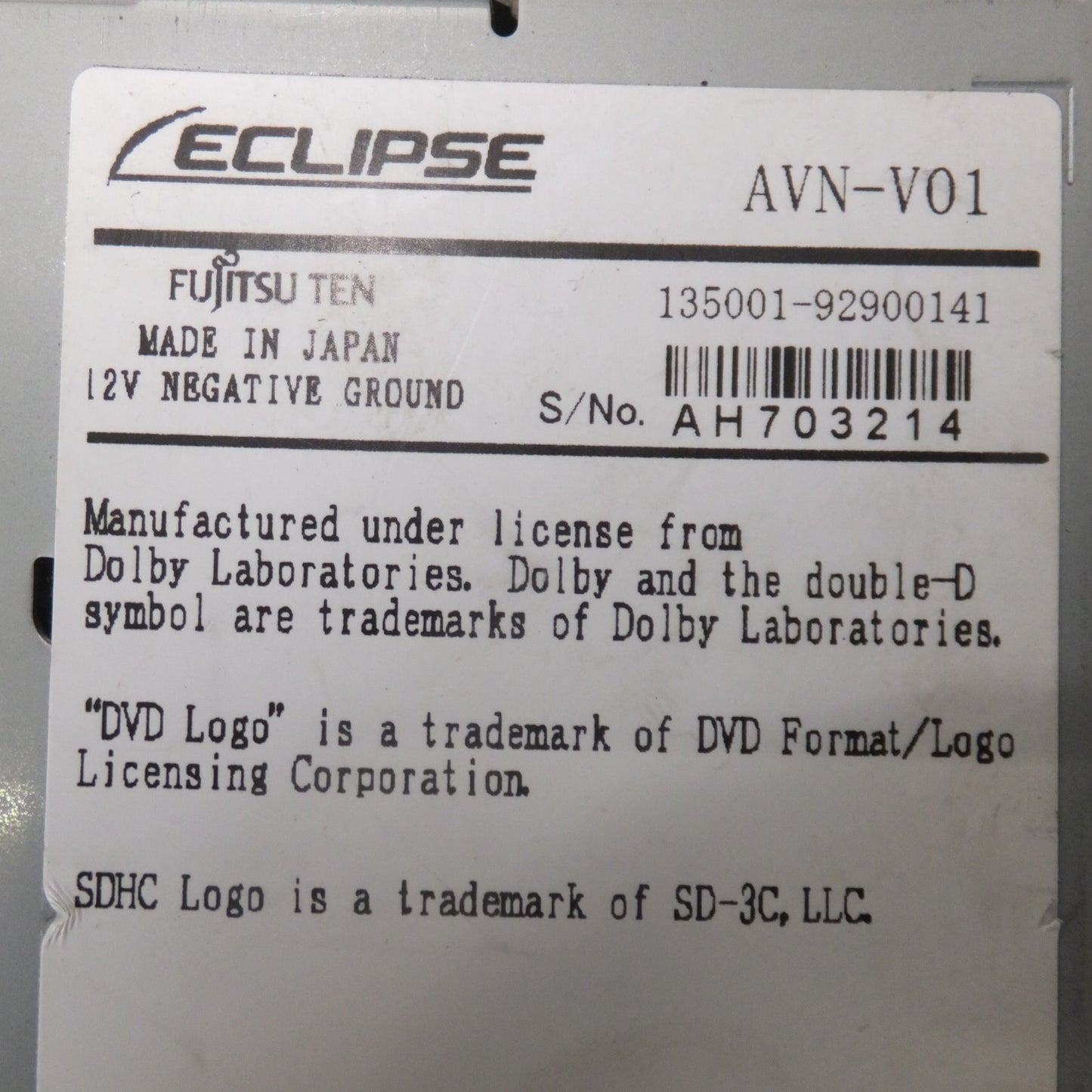 [送料無料] ★富士通テン イクリプス ECLIPSE メモリーナビゲーション AVN-V01[73]★