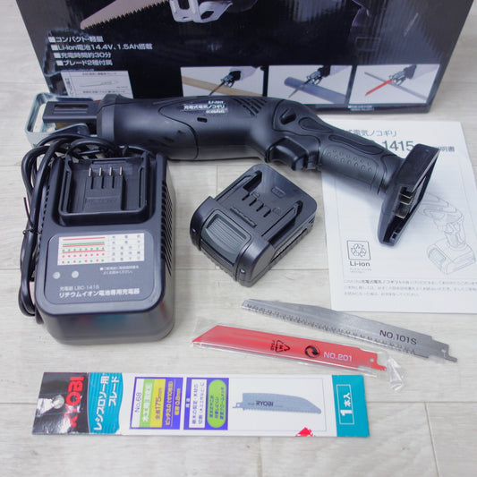 [送料無料] 美品!付属品付き◆新興製作所 Li-ion 充電式 電気 ノコギリ 14.4V 1.5Ah DCES-1415 充電器 バッテリー 箱 付き 切断機 SHINKO 電動 工具◆