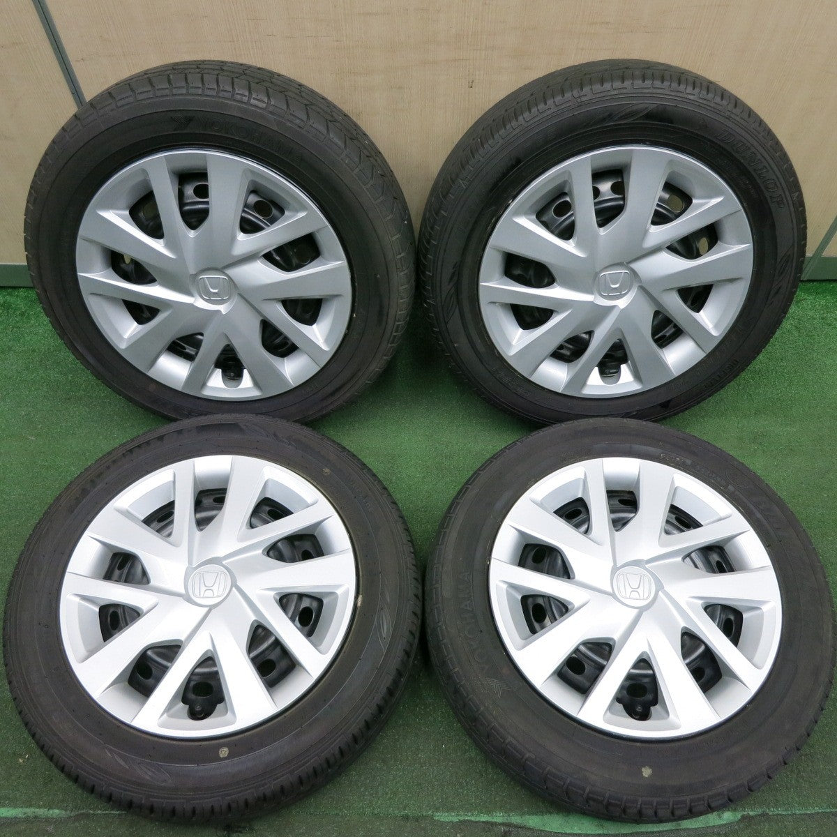 *送料無料* バリ溝！ほぼ10分★ホンダ N-BOX 純正 スチール 155/65R14 ダンロップ EC202 ヨコハマ ブルーアース A34 PCD100/4H★4042905HAノ