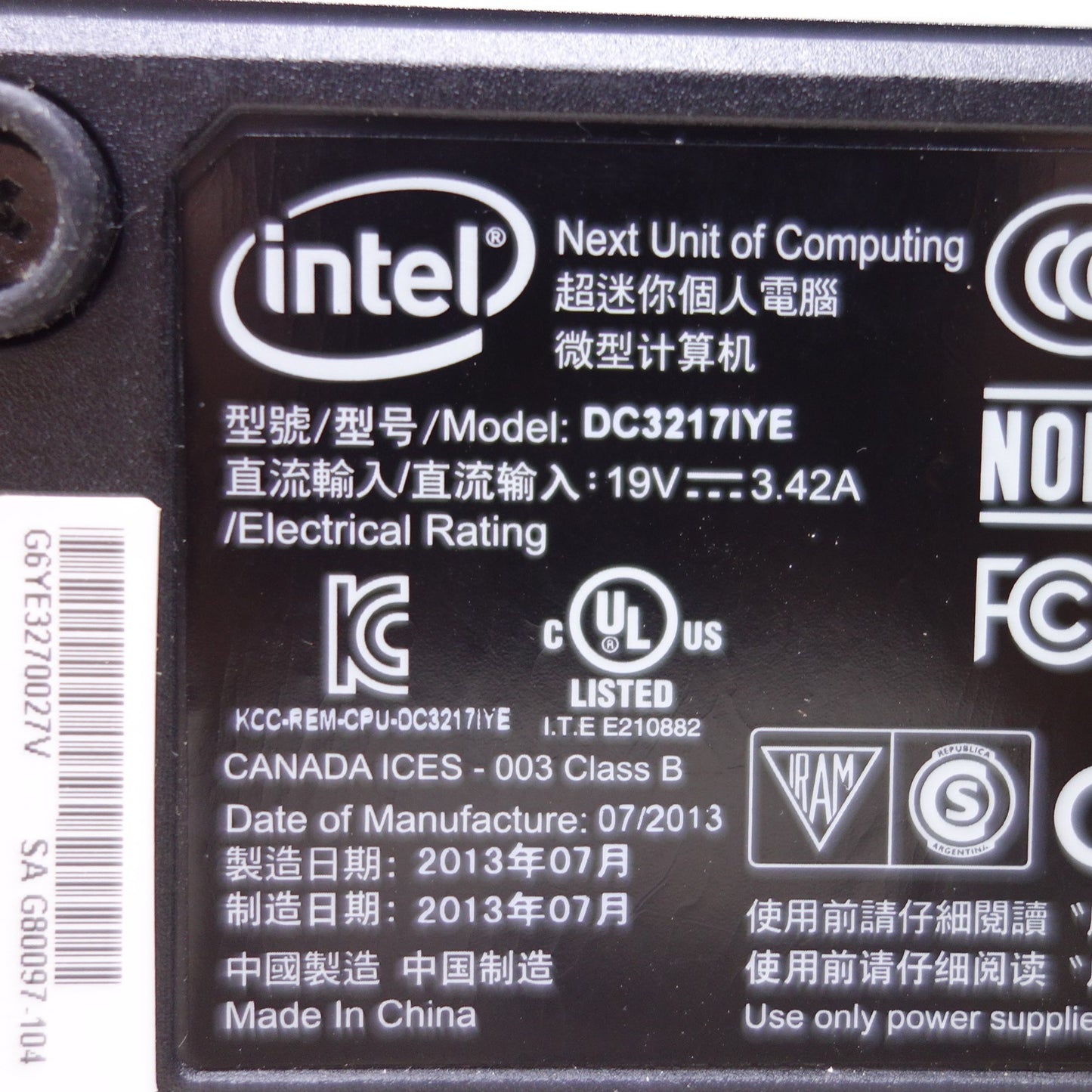 [送料無料] ◆インテル Intel NUC 小型 PC DC3217IYE 電源アダプター 付き Corei3-3217U メモリ 8GB Win10 Home 64bit ジャンク ⑤◆