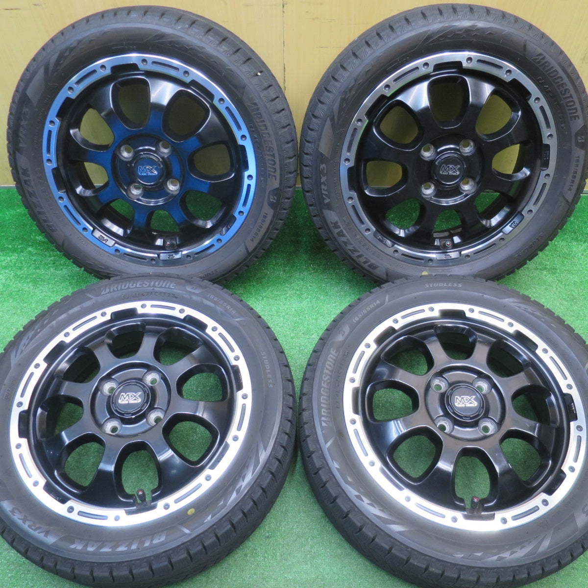 バリ溝！23年！9.5分★スタッドレス 165/55R14 ブリヂストン ブリザック VRX3 MX MAD CROSS MC-76 マッドクロス 14インチ 軽サイズ PCD100/4H★5111310NJス
