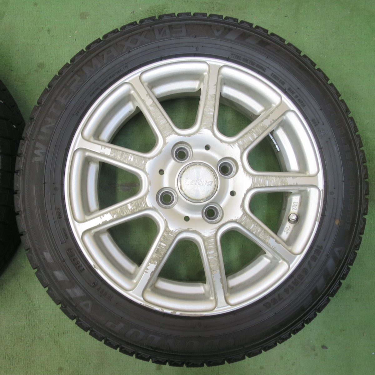 バリ溝！24年！ほぼ10分★スタッドレス 155/65R14 ダンロップ ウインターマックス 03 Leitua 社外 アルミ WM03 14インチ PCD100/4H★6021706イス
