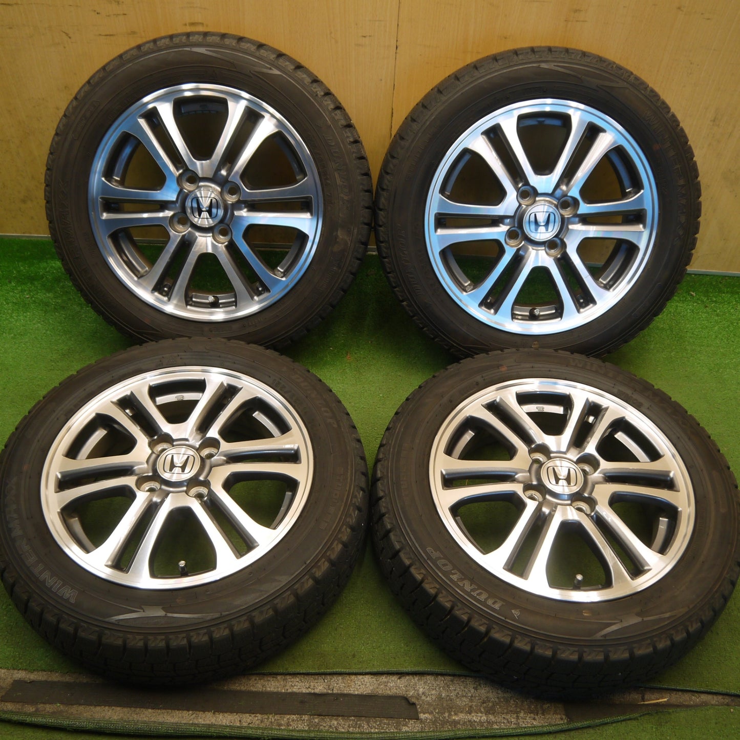 バリ溝！24年！9分◎ホンダ JF1 JF2 N-BOX カスタム 純正 155/65R14 スタッドレス ダンロップ ウインターマックス WM02 14インチ PCD100/4H◎6082802Hス