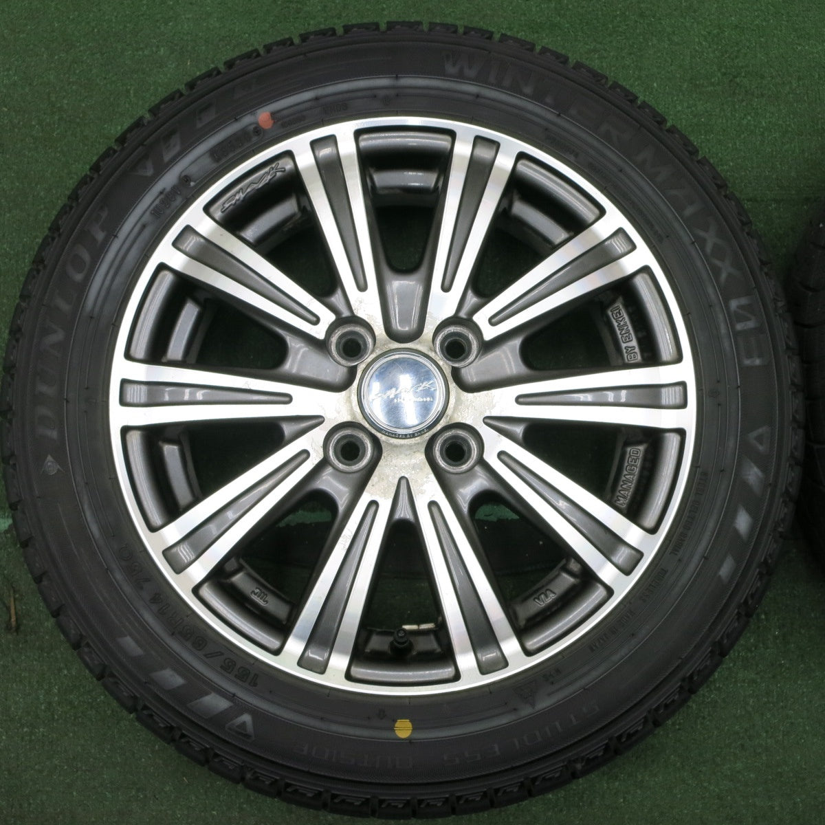 *送料無料* バリ溝！20年！8.5分★スタッドレス 155/65R14 ダンロップ ウインターマックス03 SMACK ENKEI スマック エンケイ 14インチ PCD100/4H★4051006NJス