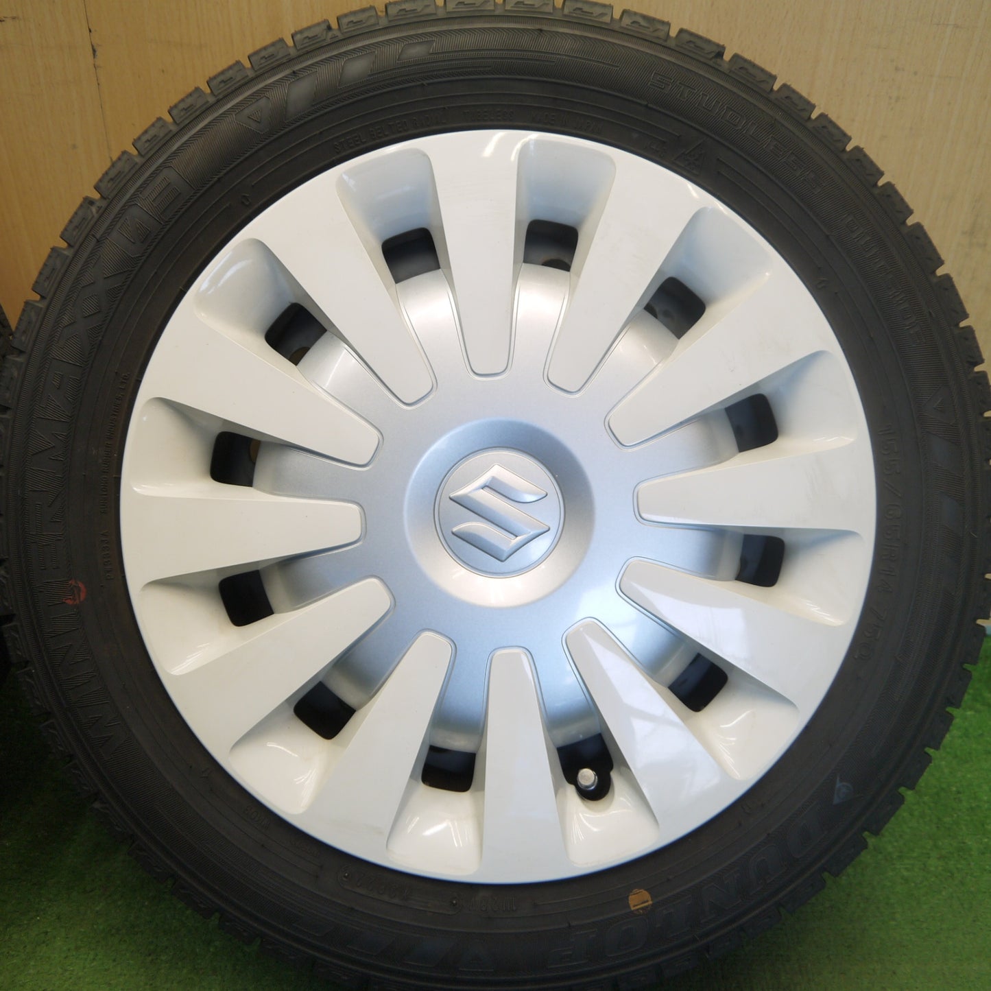 バリ溝！22年！キレイ！9.5分◎スズキ ワゴンR スマイル 純正 スチール 155/65R14 スタッドレス ダンロップ ウインターマックス 03 14インチ PCD100/4H◎6081004Hス