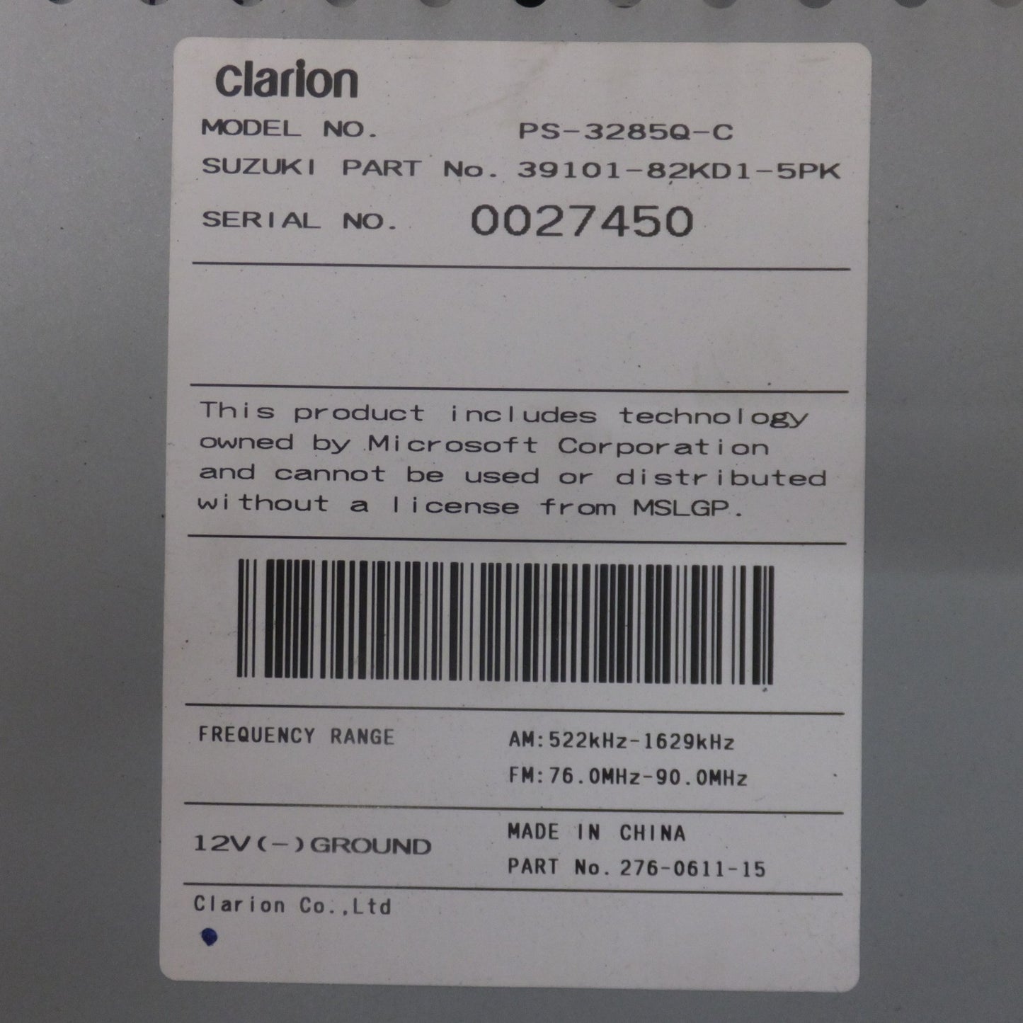 [送料無料] ★クラリオン製 スズキ 純正 カーオーディオ CDプレーヤー PS-3285Q-C 39101-82KD1-5PK[35]★