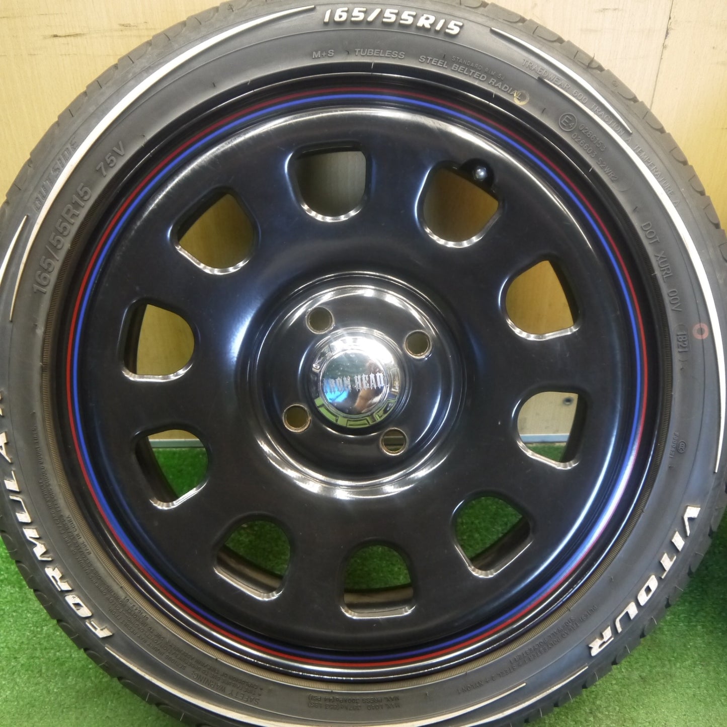 バリ溝！キレイ！9分★DAYTONA 165/55R15 VITOUR FORMULA X ホワイトレター  デイトナ IRON HEAD 15インチ PCD100/4H★6052904Hノ