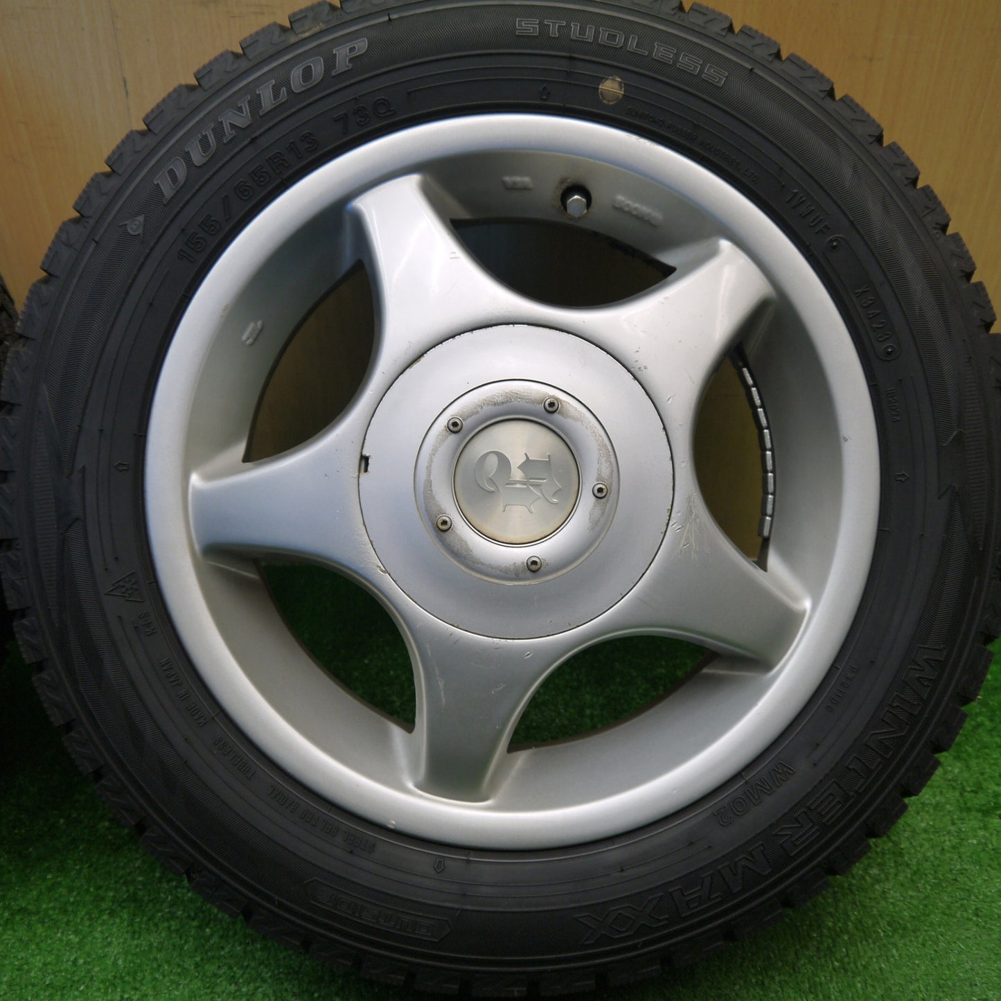 バリ溝！23年！ほぼ10分★スタッドレス 155/65R13 ダンロップ ウインターマックス WM02 社外 アルミ 13インチ PCD100 110 114.3/4H マルチ★5102907Hス