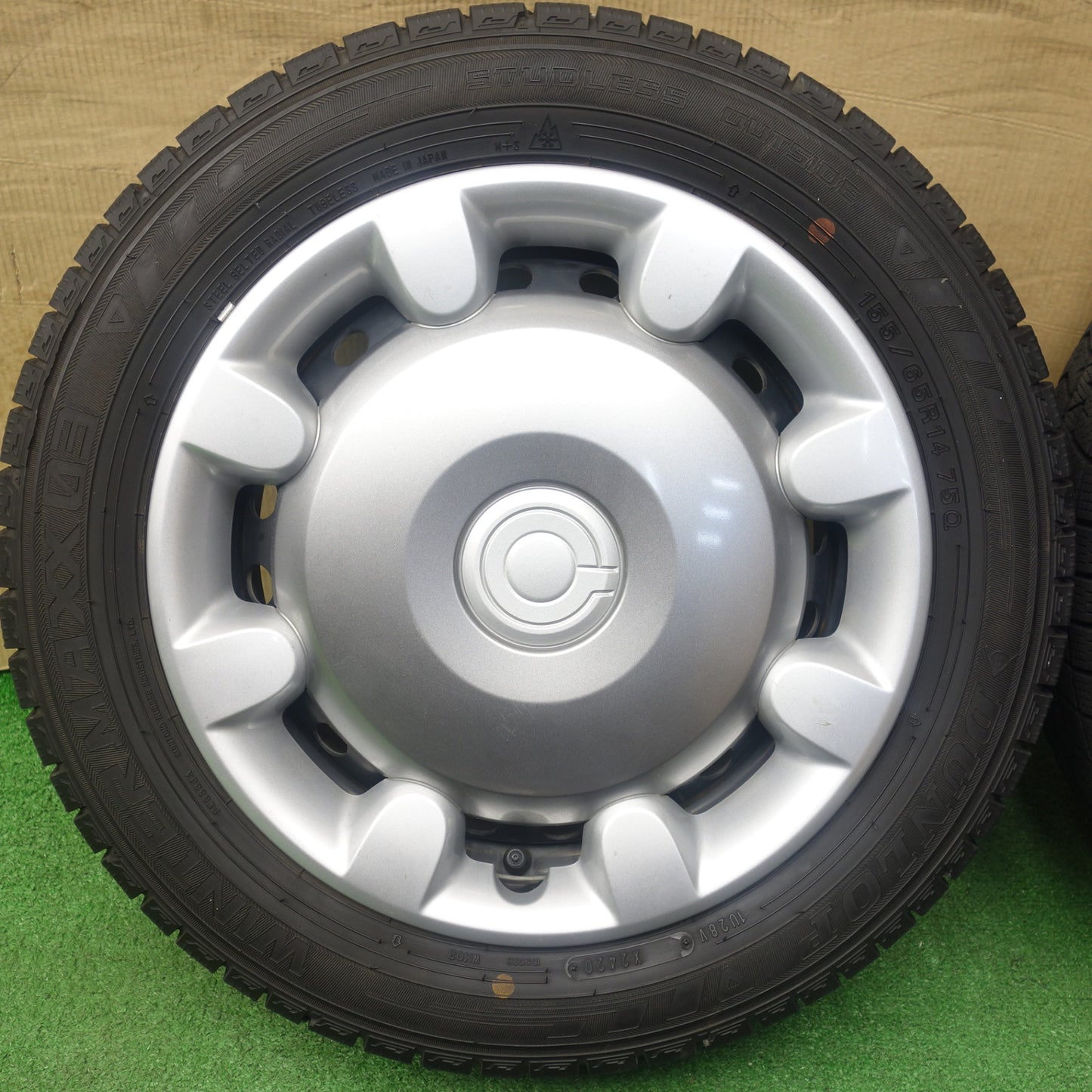 バリ溝！9分★ダイハツ ムーヴ キャンバス 純正 スチール 155/65R14 スタッドレス ダンロップ ウインターマックス 03 14インチ PCD100/4H★6020203KTス