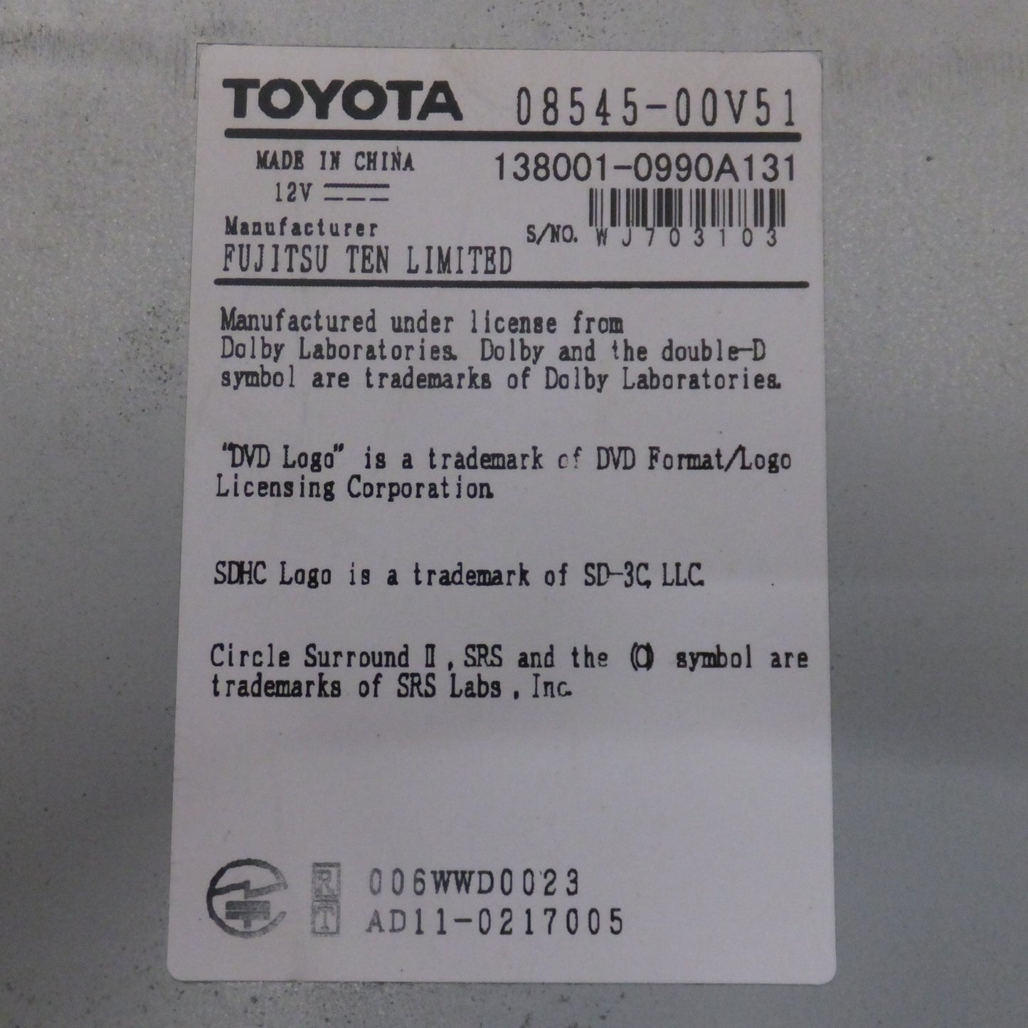 [送料無料] キレイ★富士通テン製 トヨタ TOYOTA 純正 SDナビゲーション 08545-00V51 NSZT-W62G 本体のみ★