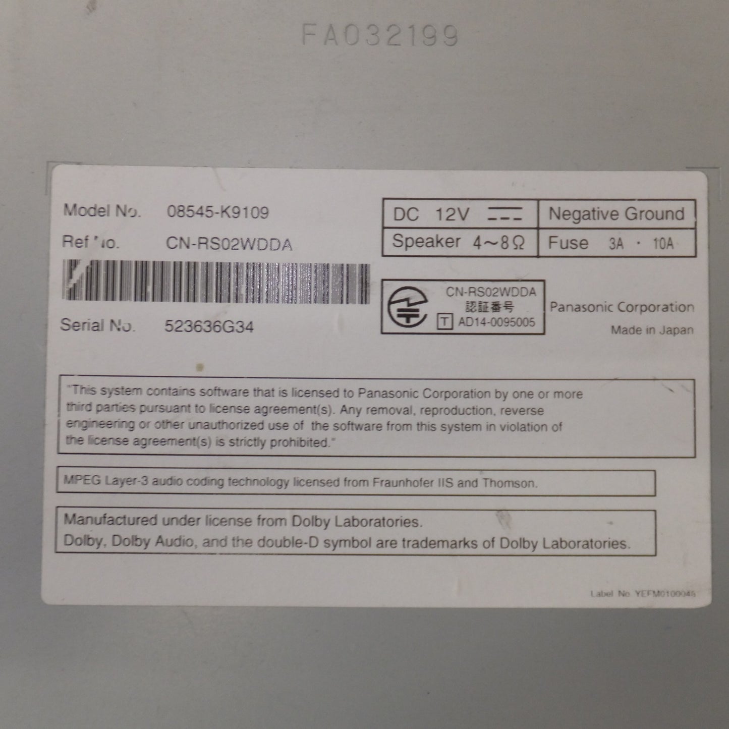 [送料無料] 現状品★パナソニック製 ダイハツ 純正 ワイド スタンダードメモリーナビ NSZN-W67D 08545-K9109[34]★