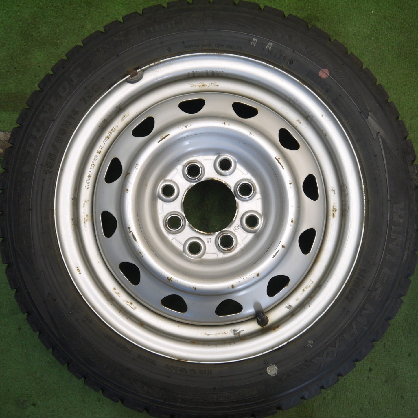 バリ溝！24年！9分◎スタッドレス 155/65R14 ダンロップ ウインターマックス WM02 スチール ホイール 14インチ PCD100 114.3/4H マルチ◎6072706Hス