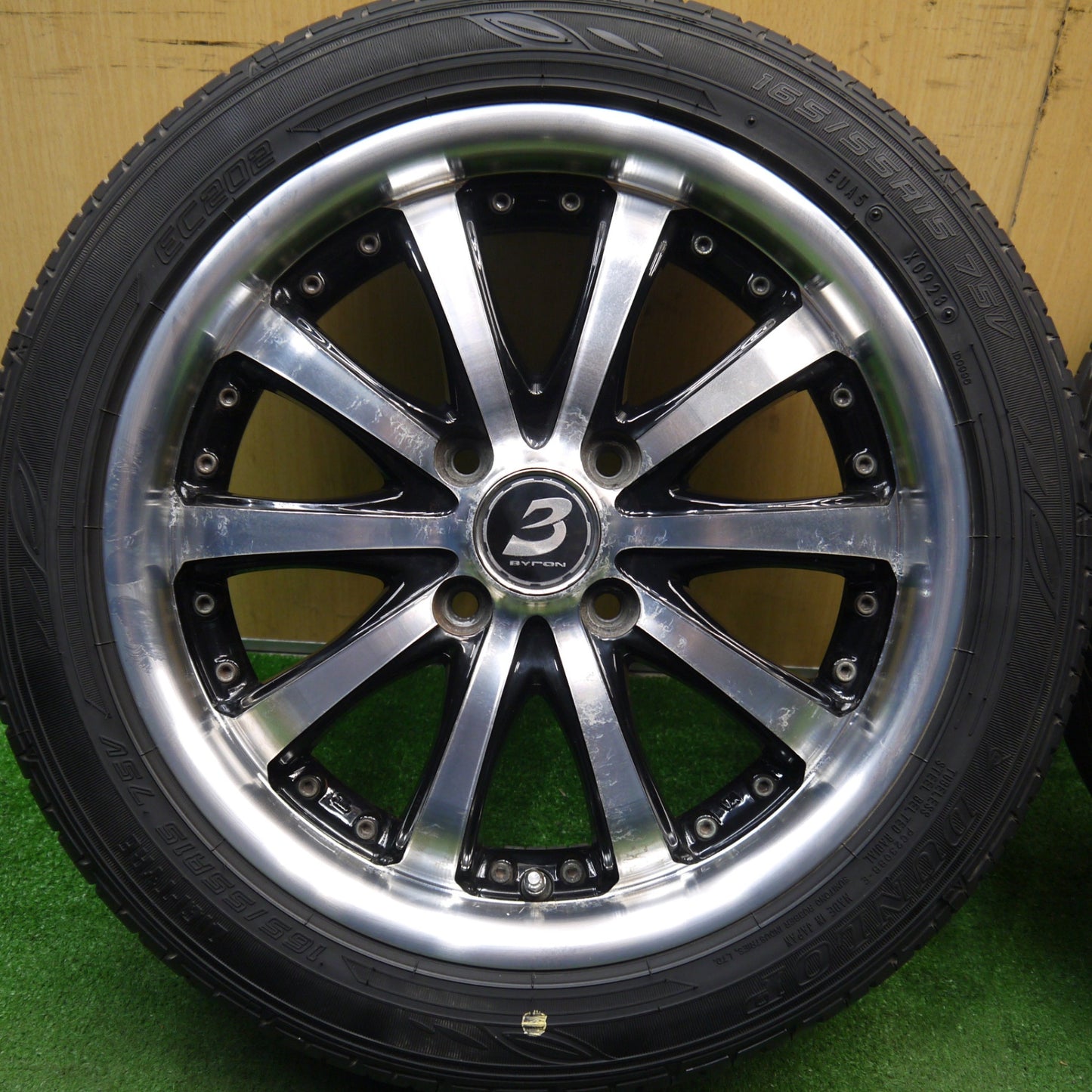 バリ溝！23年！9.5分★LOXARNY EX BYRON STINGER 165/55R15 ダンロップ EC202 ロクサーニ バイロン スティンガー 軽 サイズ PCD100/4H★5062501Hノ