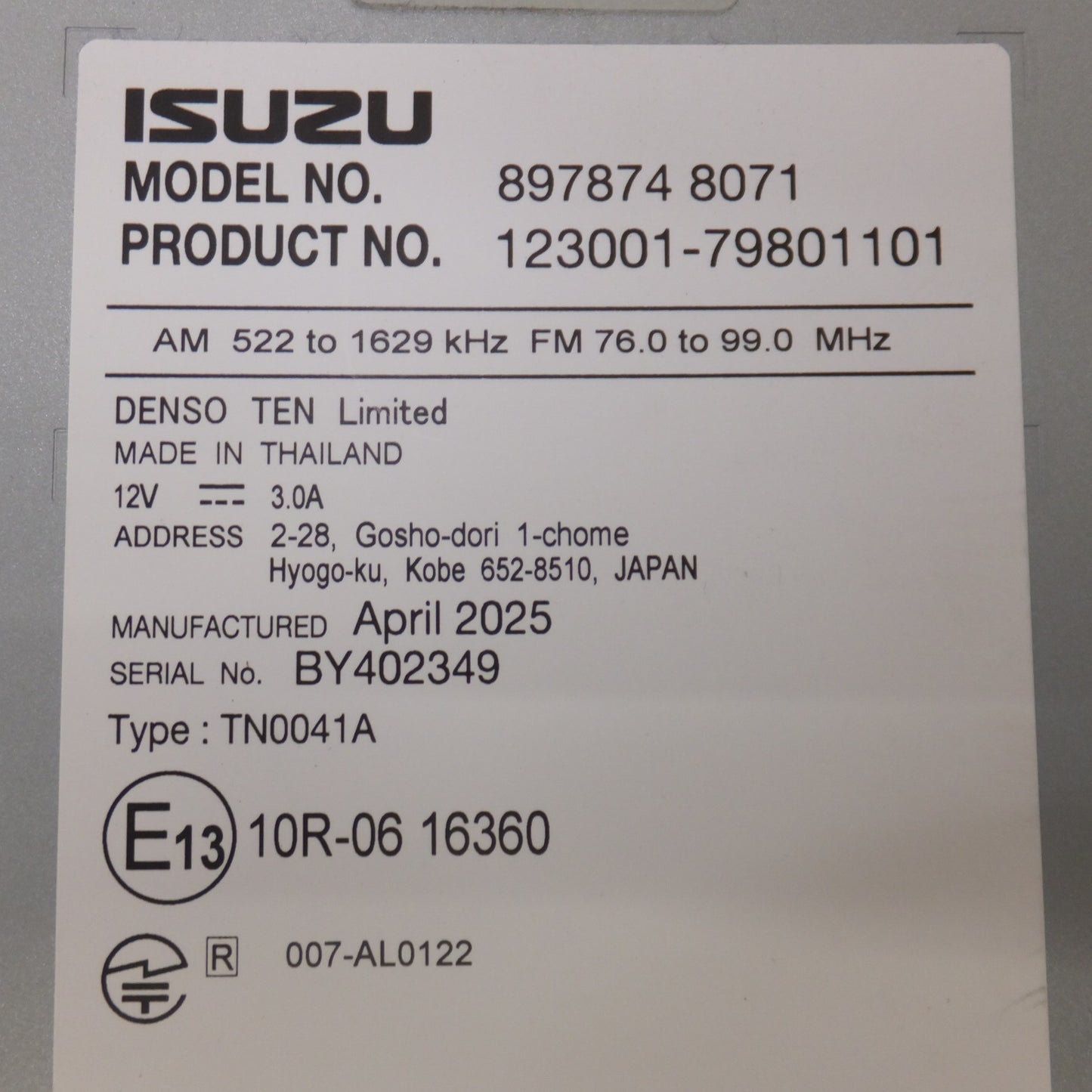 [送料無料] 新車外し★デンソーテン製 いすゞ ISUZU 純正 カーオーディオ 897874 8071★