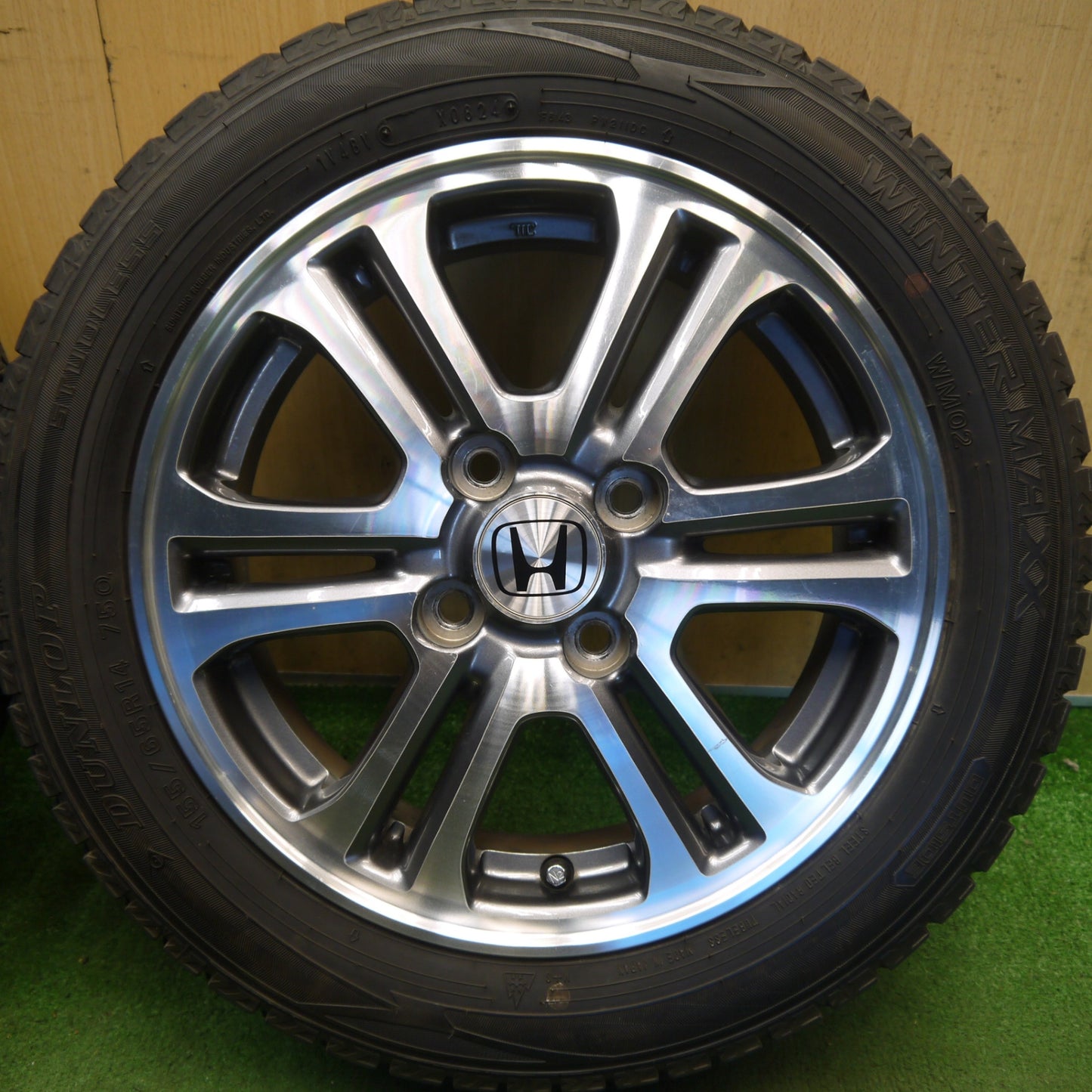 バリ溝！24年！9分◎ホンダ JF1 JF2 N-BOX カスタム 純正 155/65R14 スタッドレス ダンロップ ウインターマックス WM02 14インチ PCD100/4H◎6082802Hス
