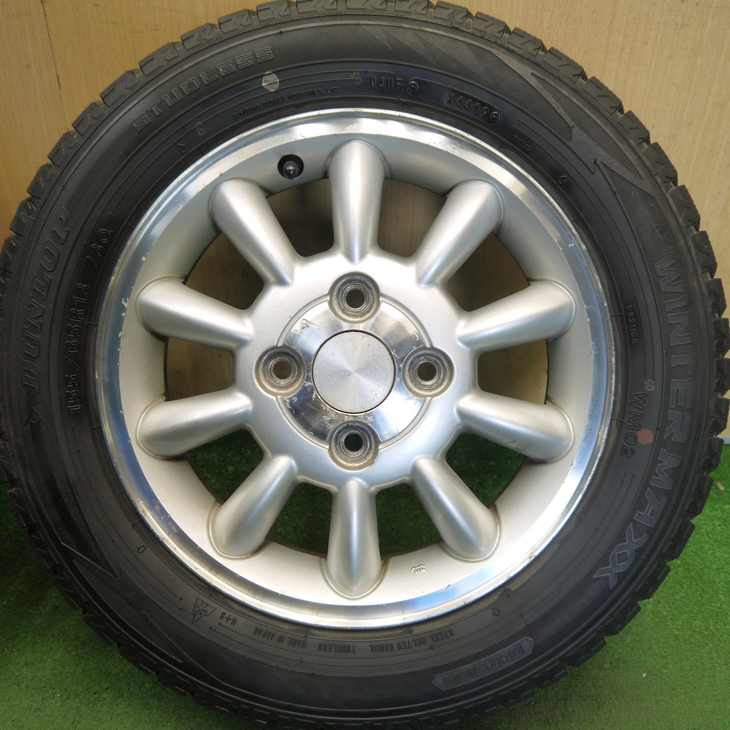 バリ溝！8.5分◎スズキ アルト ラパン 純正 155/65R13 スタッドレス ダンロップ ウインターマックス WM02 13インチ PCD100/4H◎6081803Hス