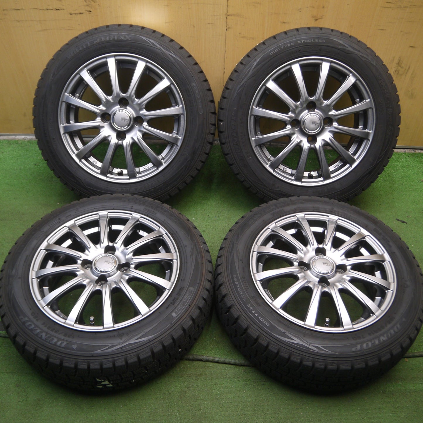 *送料無料* バリ溝！キレイ！9.5分以上★スタッドレス 165/65R14 ダンロップ ウインターマックス WM01 SIBILLA NEXT β-12 シビラ PCD100/4H★4060702Hス