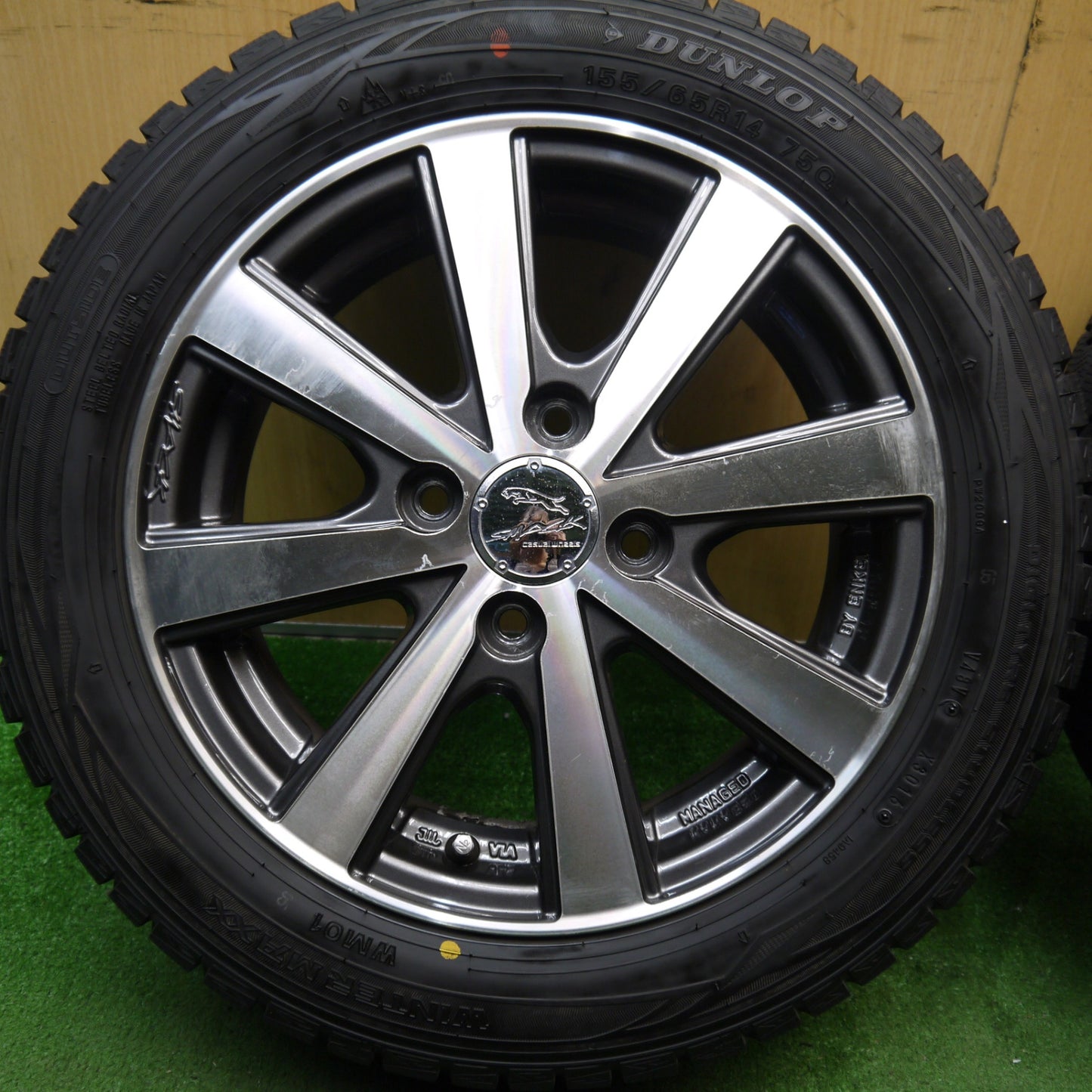バリ溝！9.5分★スタッドレス 155/65R14 ダンロップ ウインターマックス WM01 SMACK ENKEI スマック エンケイ 14インチ PCD100/4H★5070703Hス