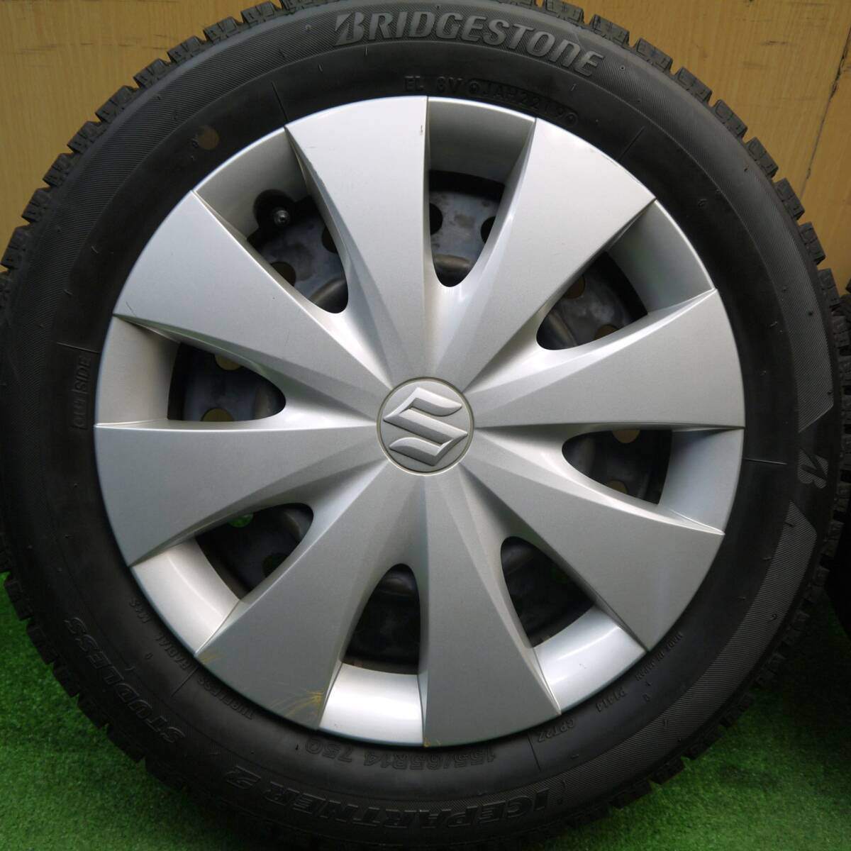 バリ溝！8.5分★スズキ スペーシア 純正 スチール 155/65R14 スタッドレス ブリヂストン アイスパートナー2 14インチ PCD100/4H★5031201Hス