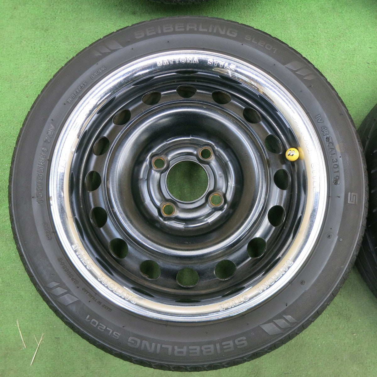 キャップ＆トリムリング付き！キレイ★DAYTONA STYLE 165/55R14 セイバーリング SL201 デイトナ スタイル スチール 14インチ PCD100/4H★6012307ナノ