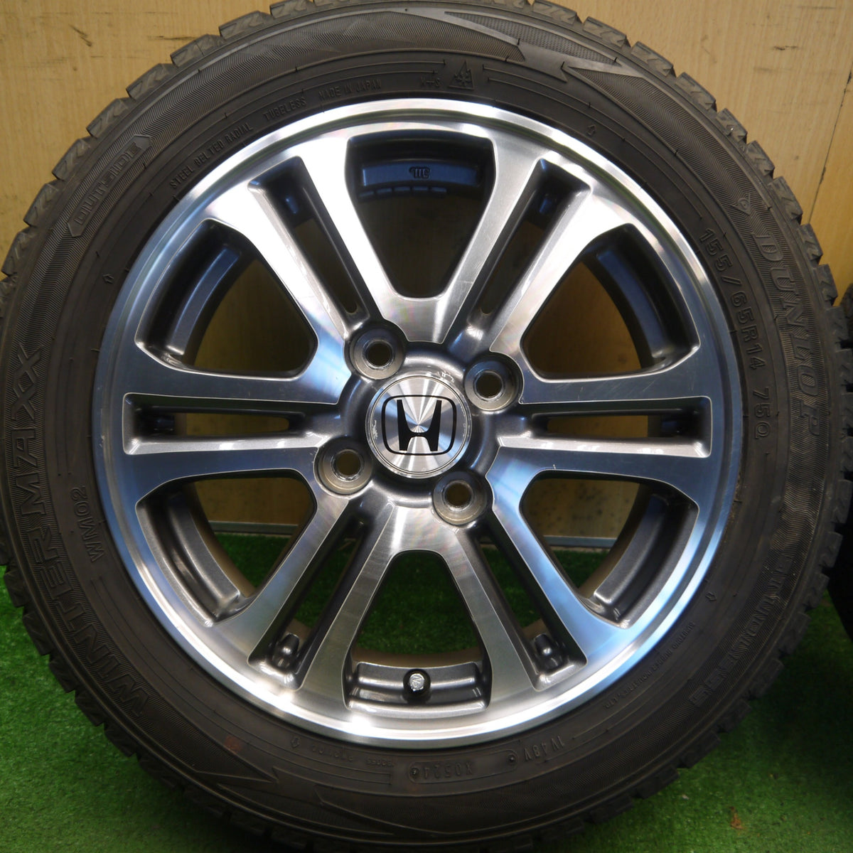 バリ溝！24年！9分◎ホンダ JF1 JF2 N-BOX カスタム 純正 155/65R14 スタッドレス ダンロップ ウインターマックス WM02 14インチ PCD100/4H◎6082802Hス