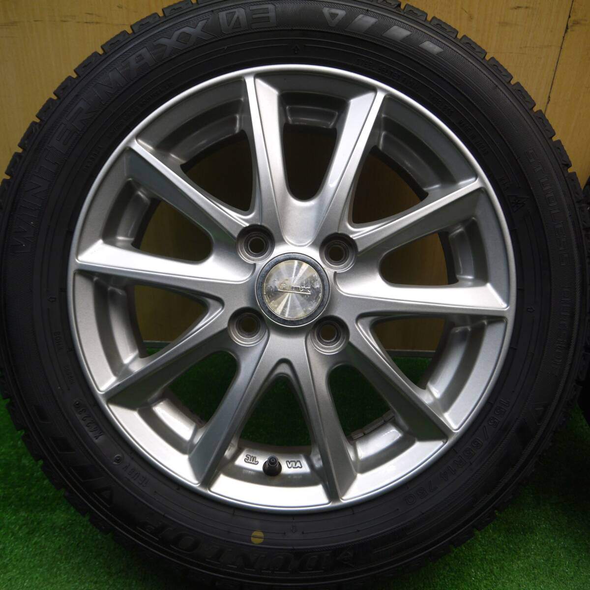 バリ溝！23年！キレイ！9.5分★スタッドレス 155/65R14 ダンロップ ウインターマックス03 Lanx 社外 アルミ 14インチ PCD100/4H★5010706Hス