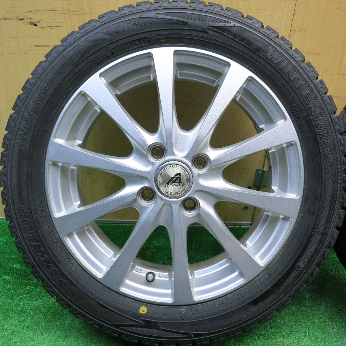 バリ溝！22年！9分★スタッドレス 165/60R15 ダンロップ ウインターマックス WM02 AZ SPORTS AZスポーツ 15インチ ソリオ ハスラー 等 PCD100/4H★5110813HAス