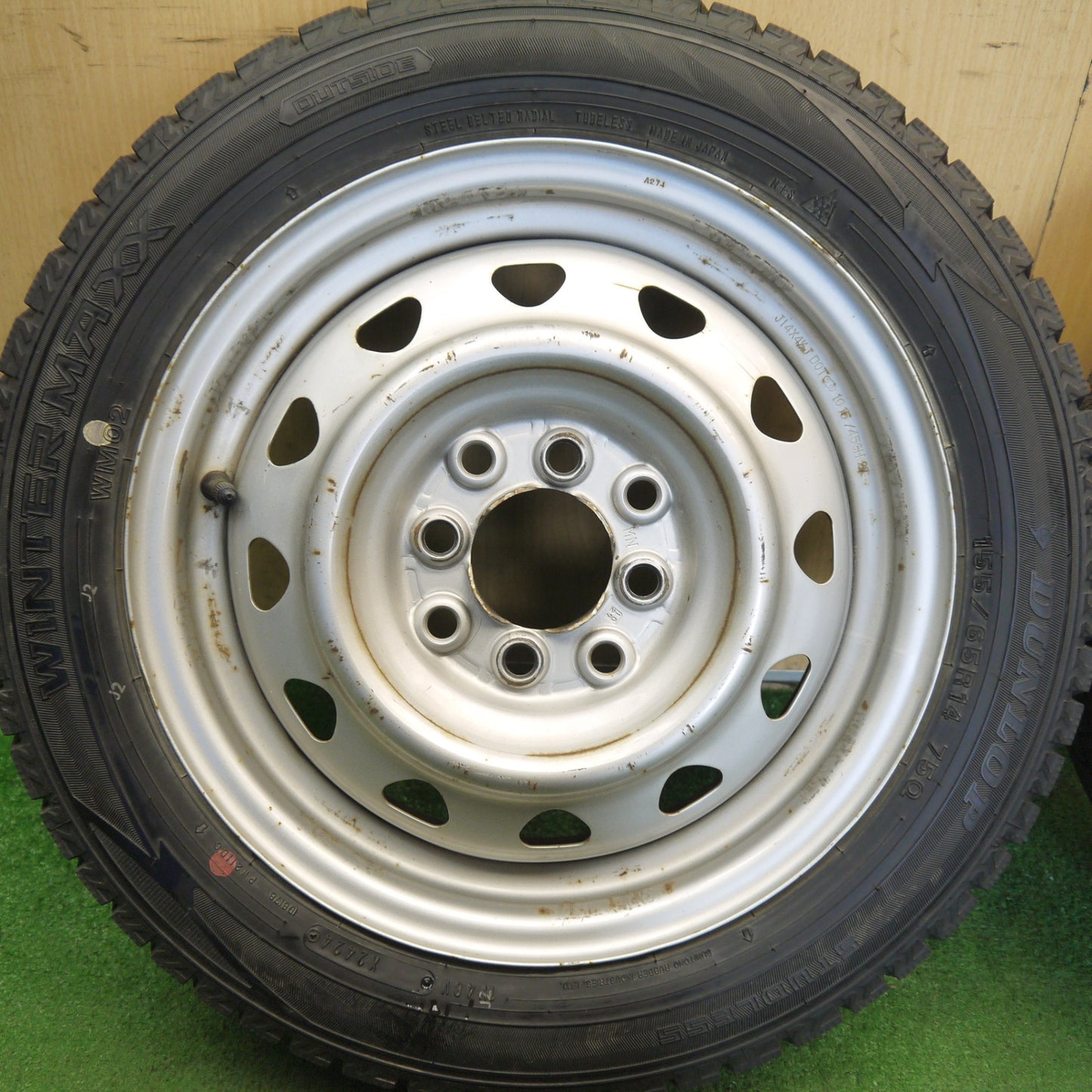 バリ溝！24年！9分◎スタッドレス 155/65R14 ダンロップ ウインターマックス WM02 スチール ホイール 14インチ PCD100 114.3/4H マルチ◎6072706Hス